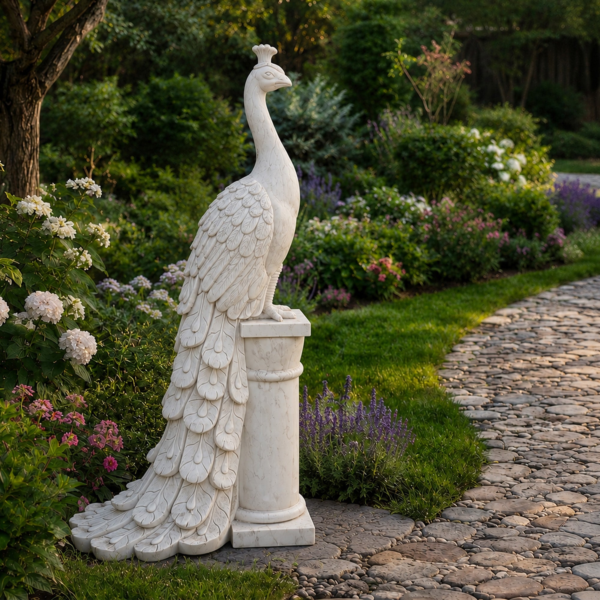 Hand-carved white marble peacock statue with a long flowing tail displayed beside a landscaped garden pathway