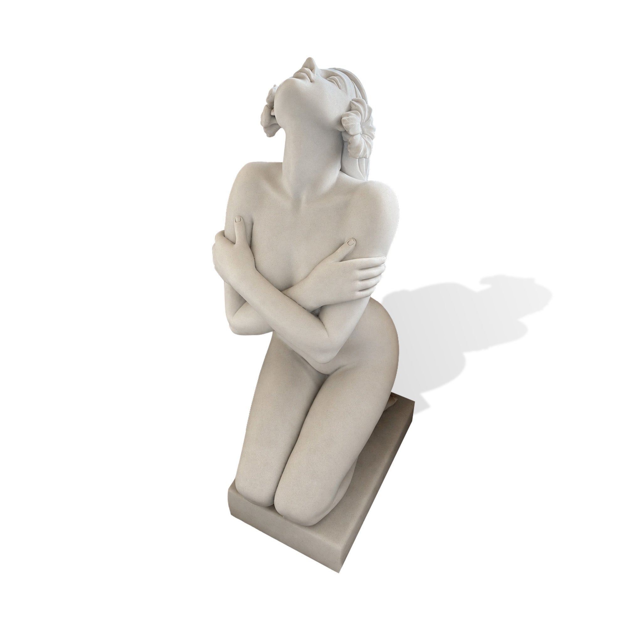 Side view of a modern marble woman statue kneeling with crossed arms in a graceful self-hug pose for designer home and gallery interiors