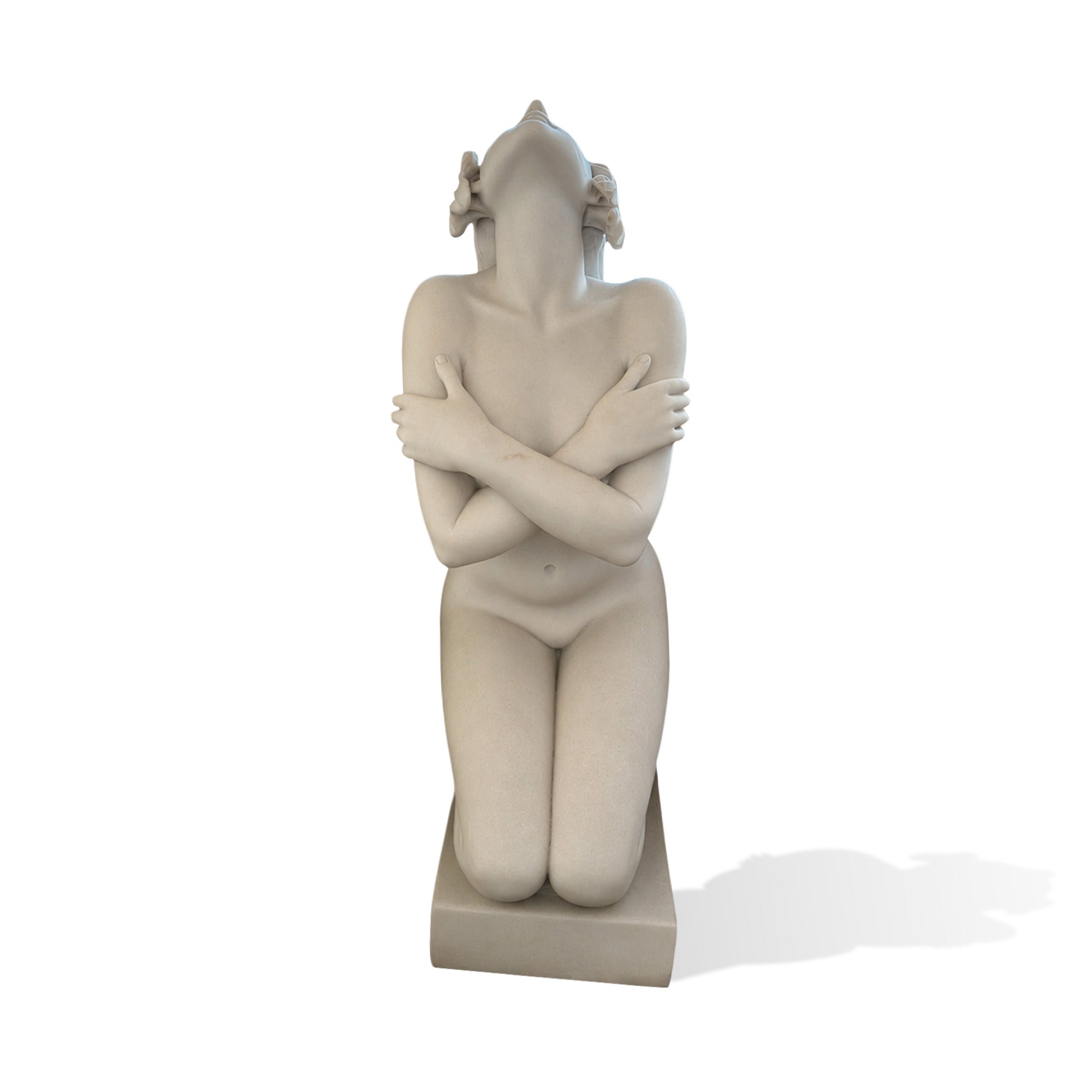 Front view of a natural stone kneeling woman sculpture with a self-hug gesture, lifted face, balanced proportions, and minimalist base