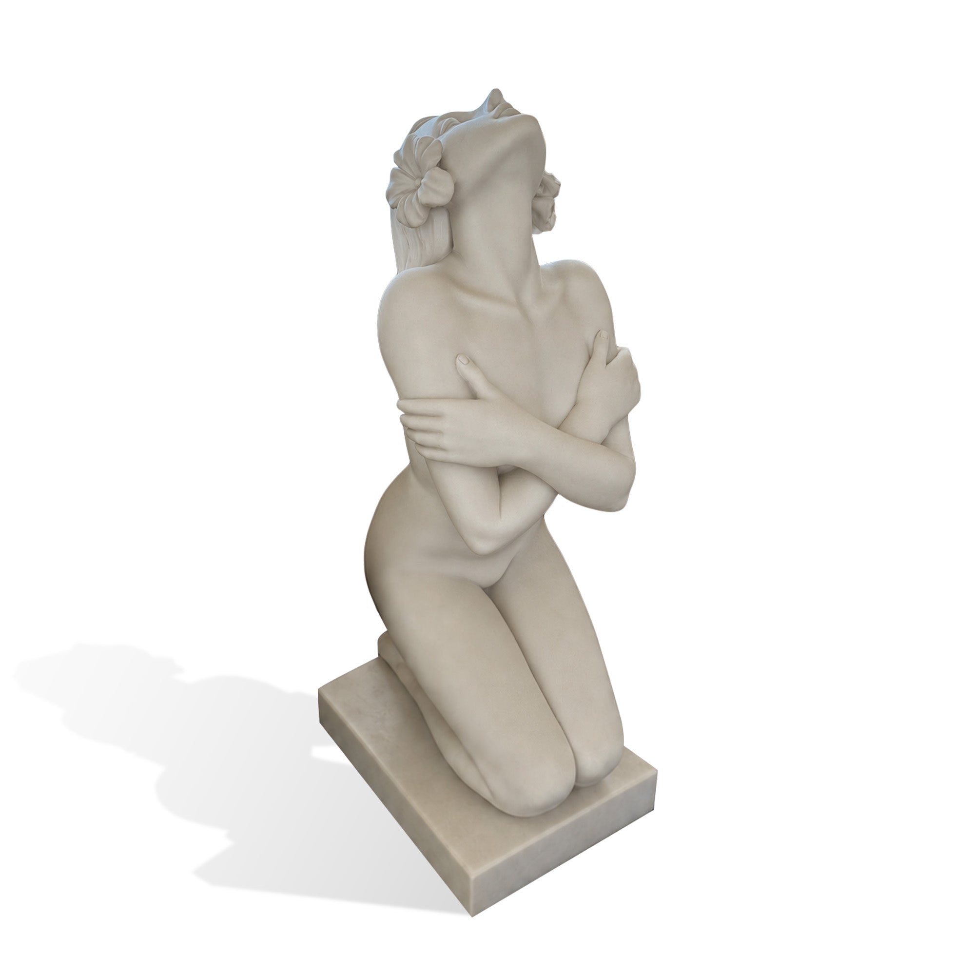 Overhead view of a natural marble kneeling woman sculpture in a self-embrace pose with raised head and floral hair details for contemporary interior decor