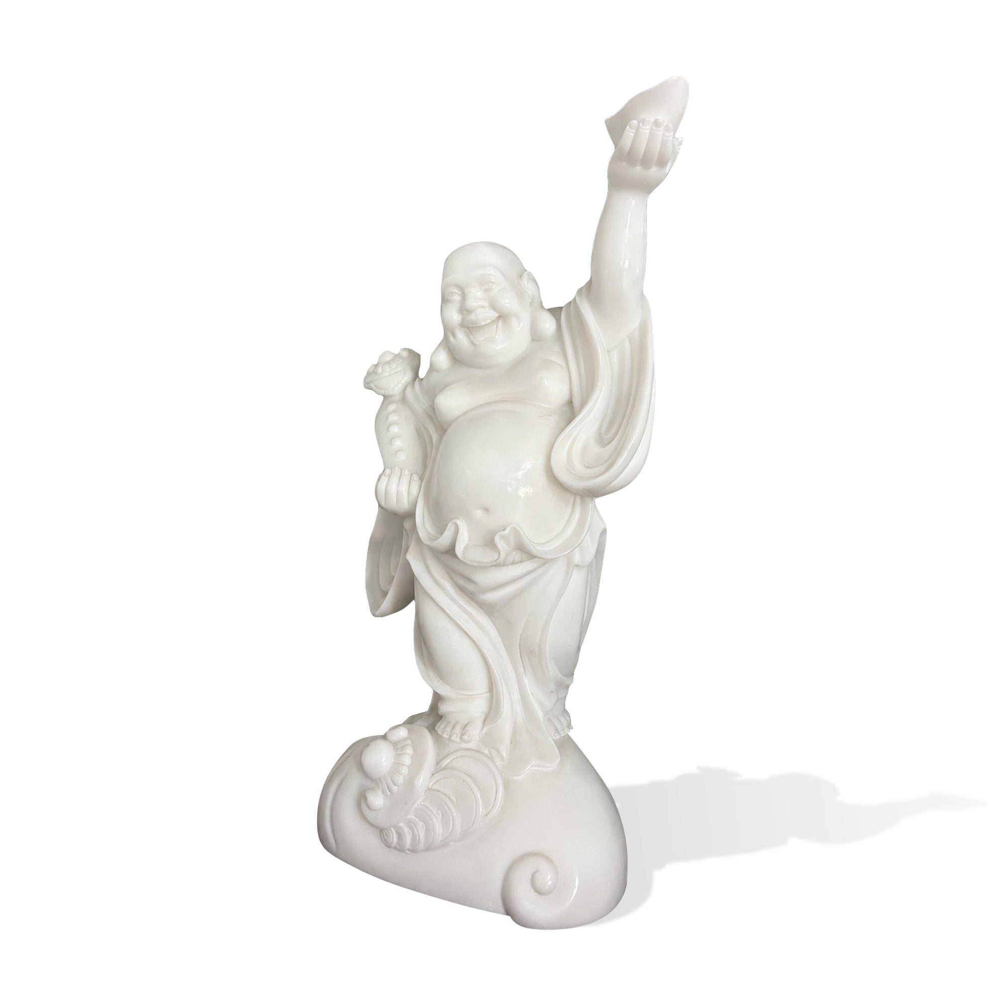 Hand-carved natural white marble Maitreya Buddha sculpture holding a prosperity ingot and auspicious ornament with detailed robe folds