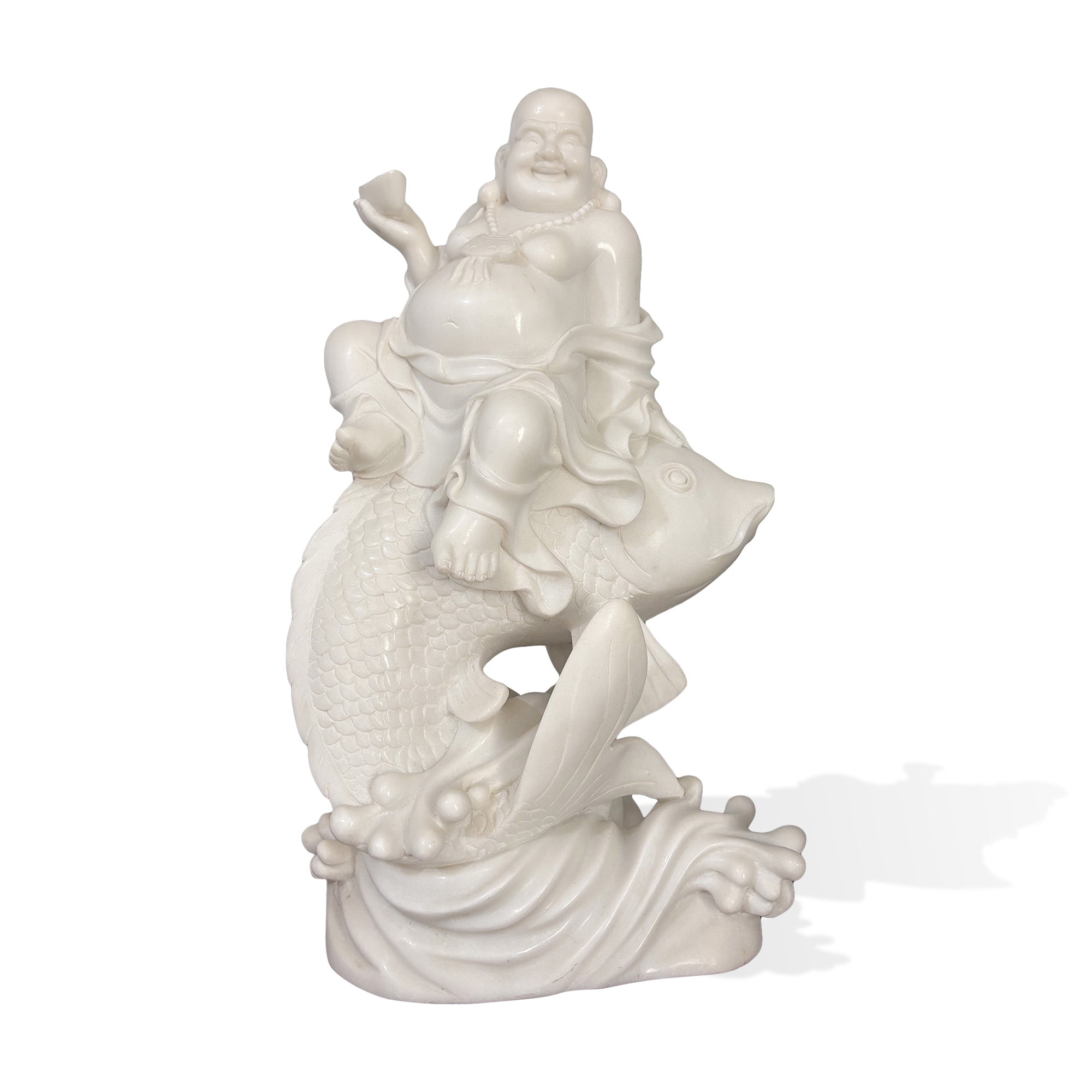 Natural white marble Laughing Buddha koi fish sculpture with smiling expression, wealth ingot, fish scales, and wave details