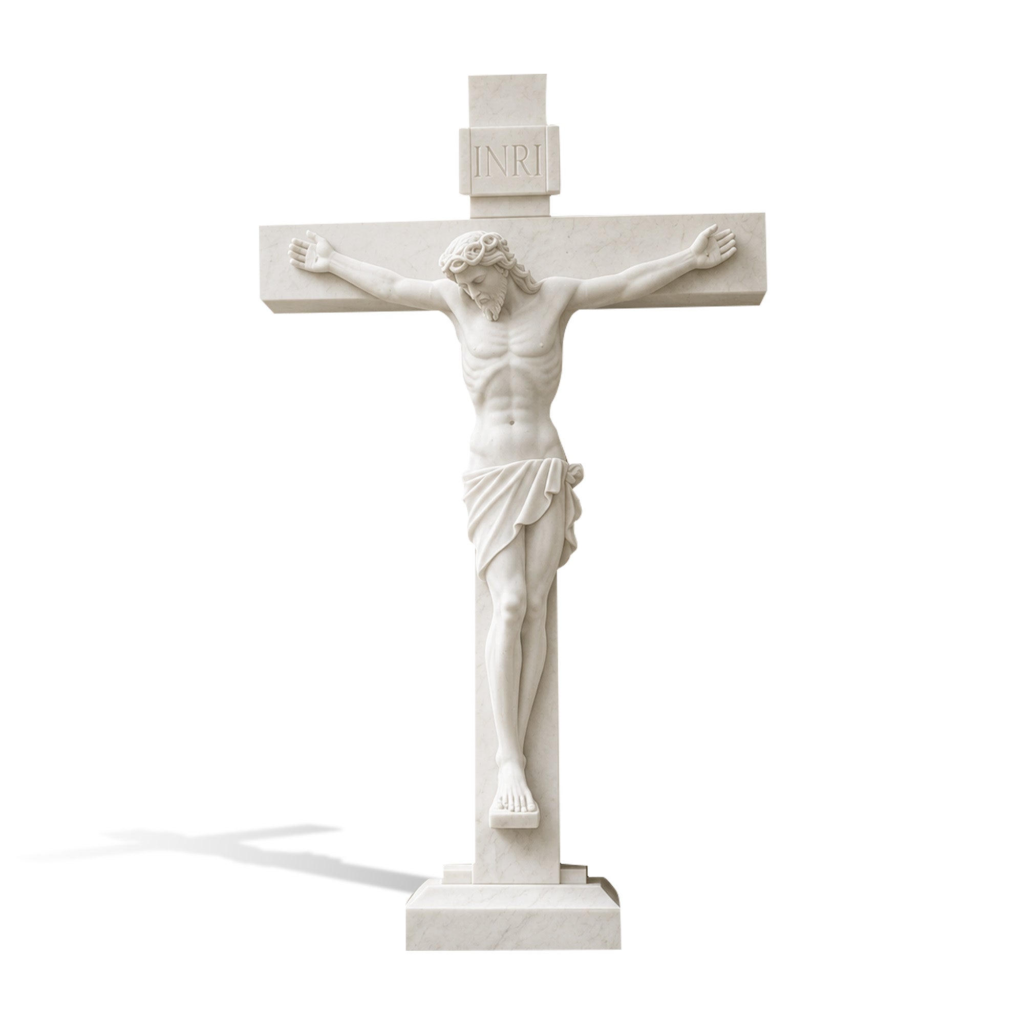 Front view of a natural white marble Jesus crucifix cross statue featuring finely carved anatomical details, draped garment, and INRI plaque on a clean white background.