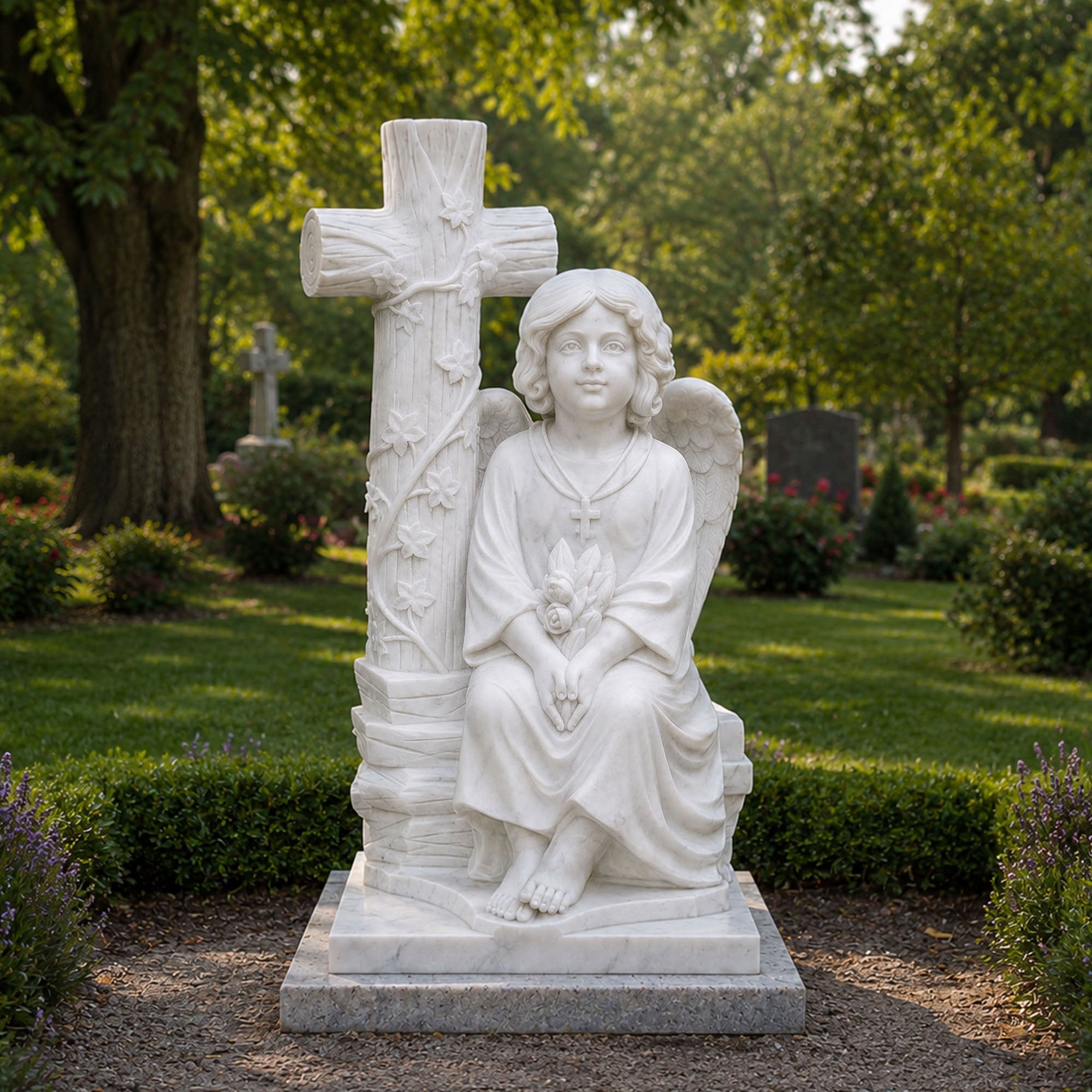 Natural white marble angel cross headstone installed in a remembrance garden with carved flowers, ivy details, and a peaceful cemetery setting