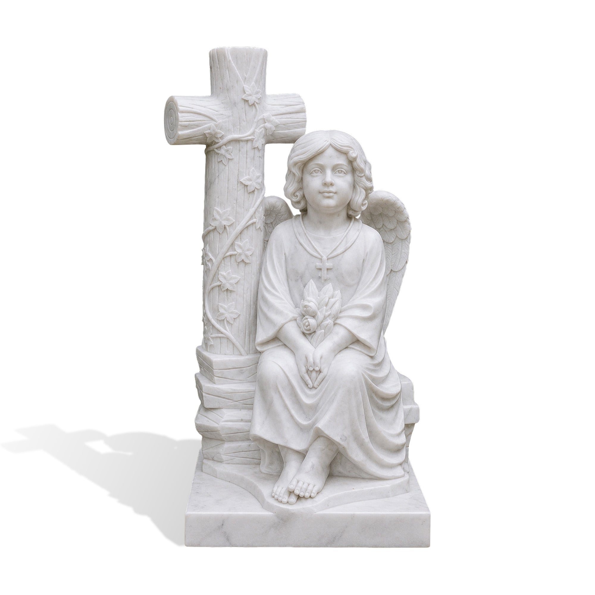 Front view of a natural white marble angel memorial headstone featuring a seated angel, carved cross, ivy vines, floral bouquet, and cemetery monument base
