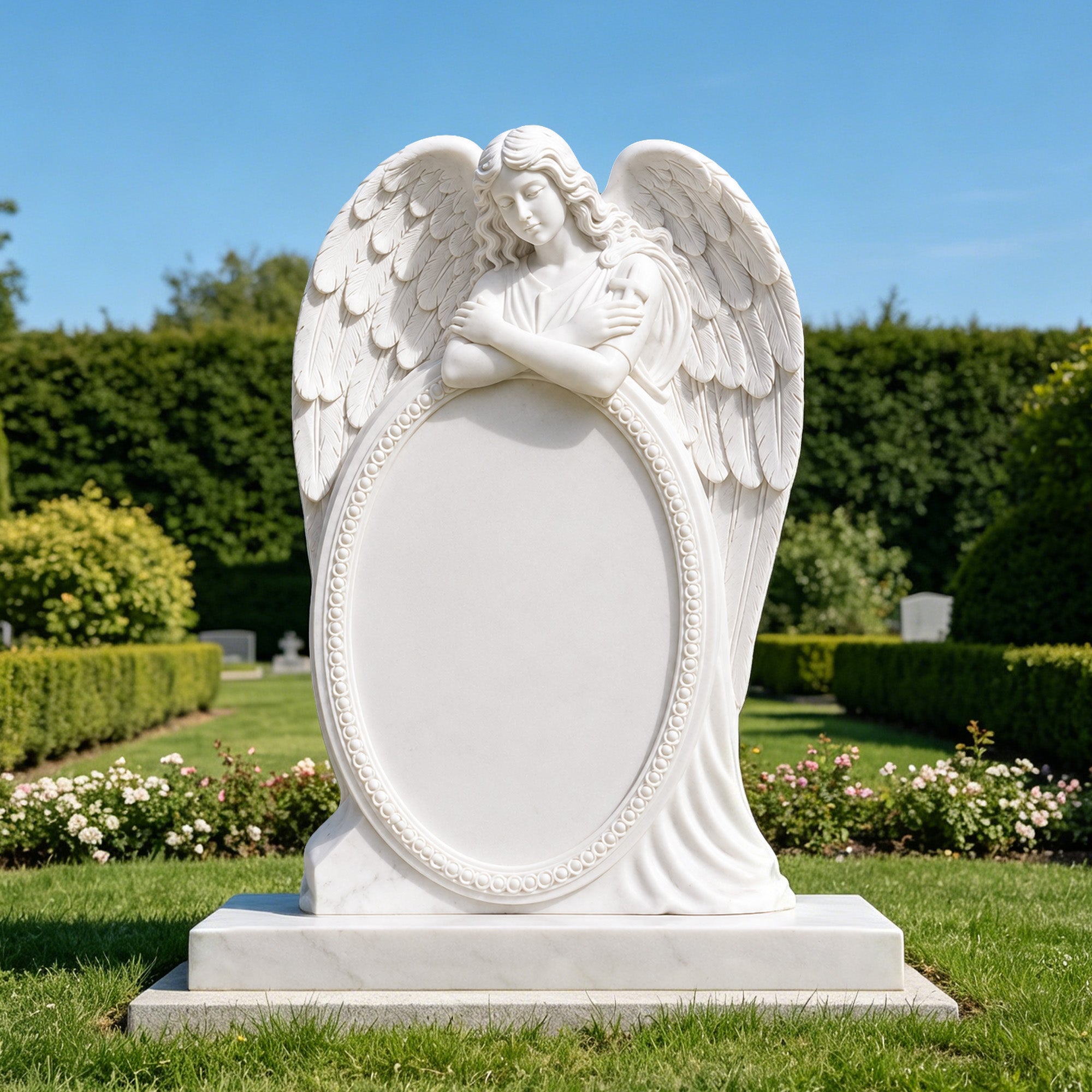 Natural white marble guardian angel headstone installed in a landscaped cemetery, featuring folded arms, detailed wings, and a large oval inscription panel
