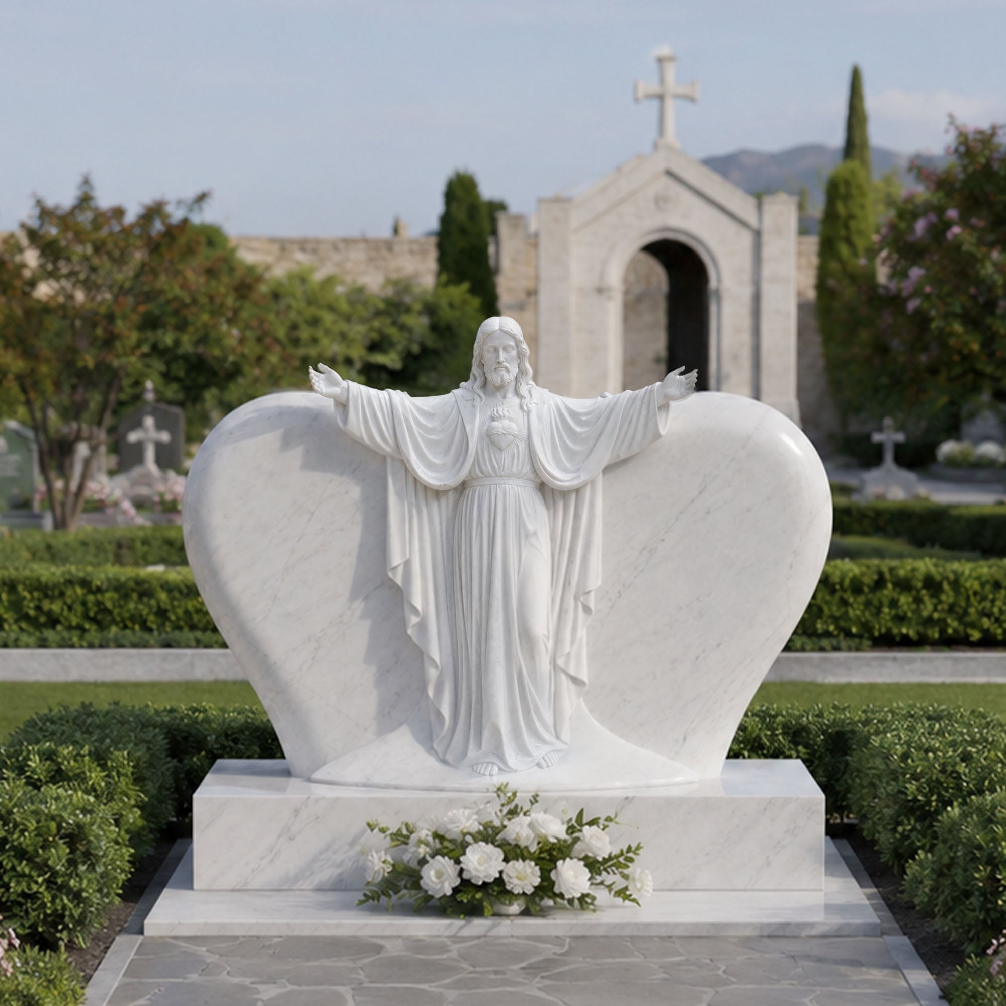 Natural white marble Sacred Heart of Jesus headstone installed in a landscaped cemetery, featuring open arms, flowing robes, and a heart-shaped memorial monument