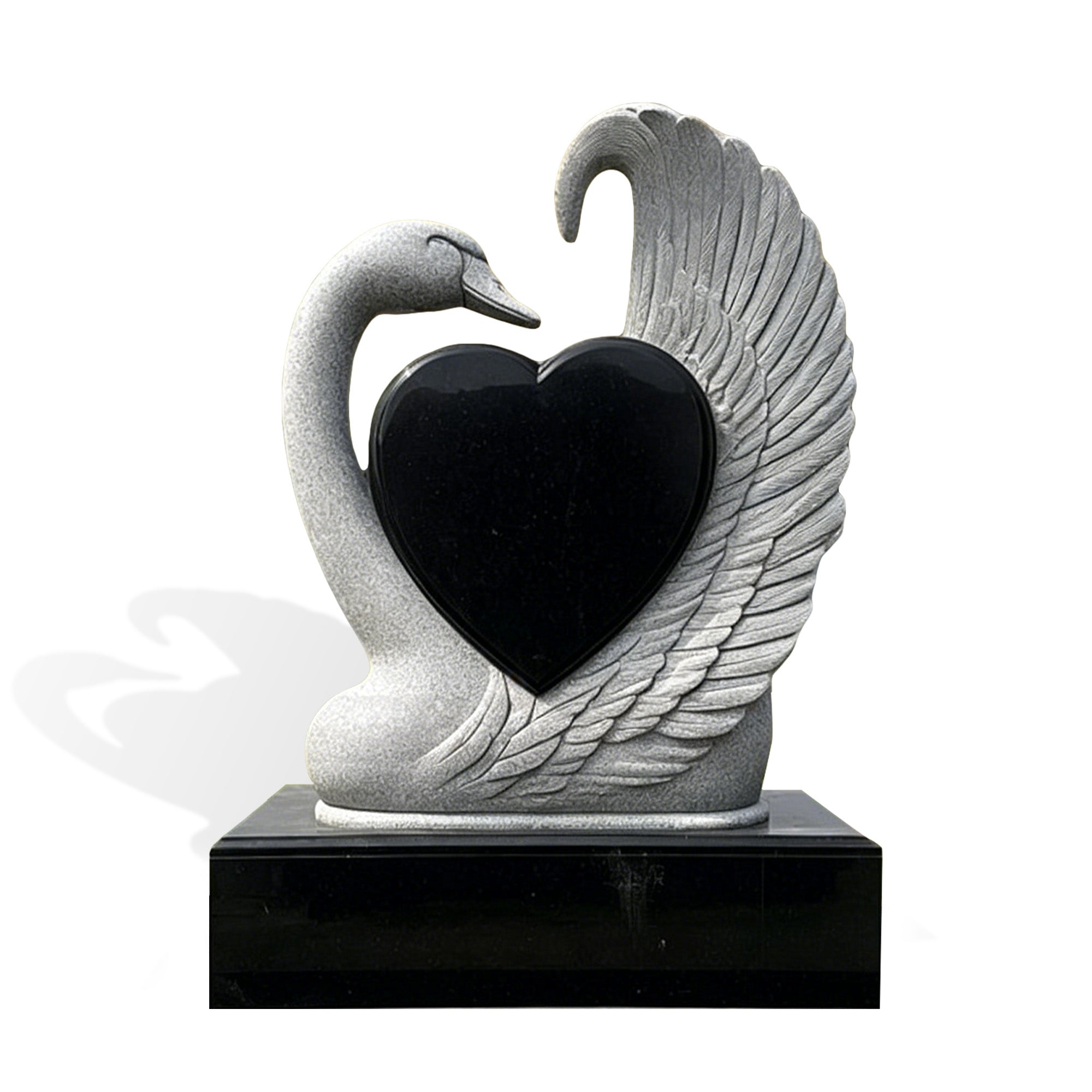 Natural gray granite and natural black granite swan heart memorial monument with polished black heart panel, carved feather wing, and black granite base