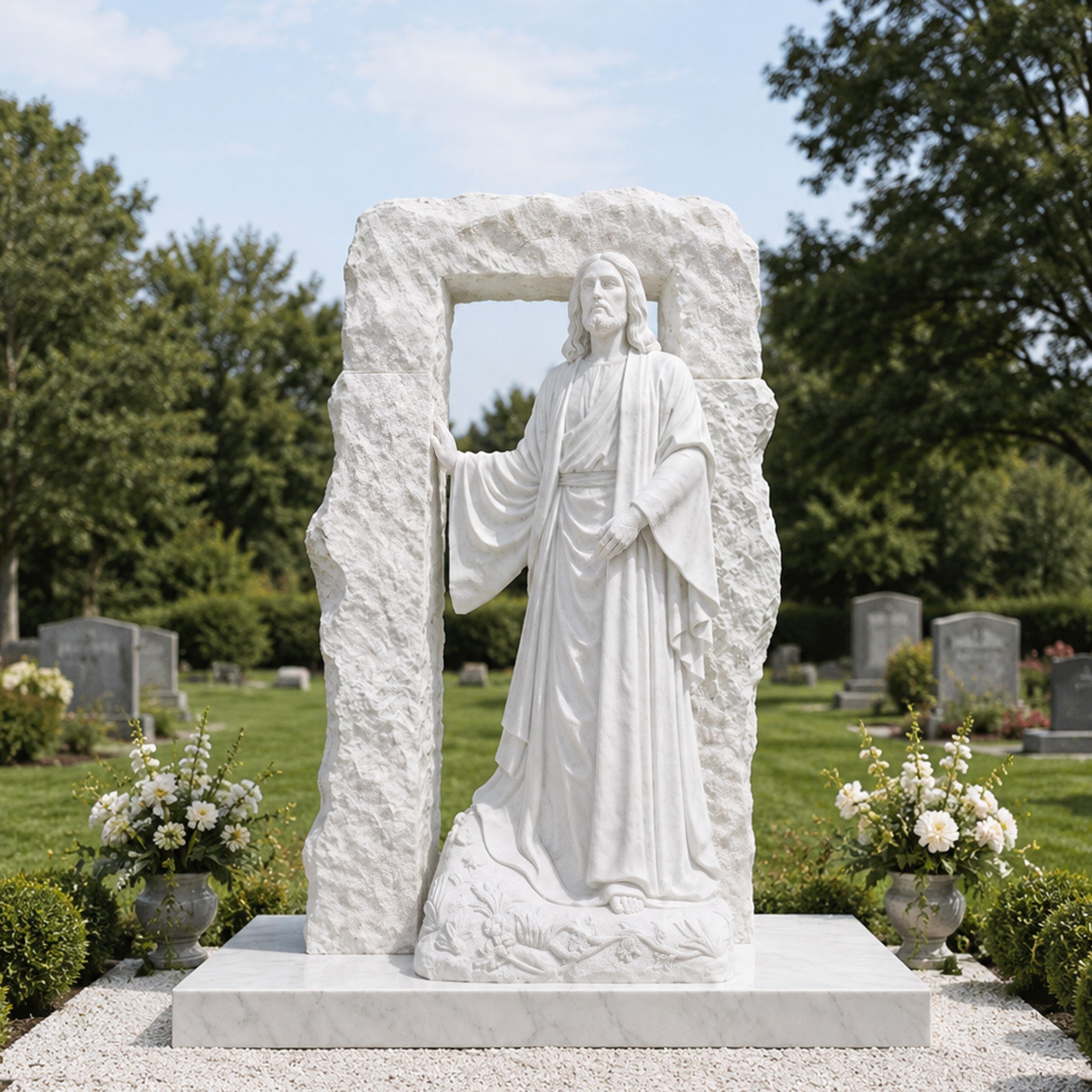 White marble Resurrected Christ memorial sculpture displayed in a cemetery garden, featuring Jesus at a stone gate symbolizing the open tomb and eternal life