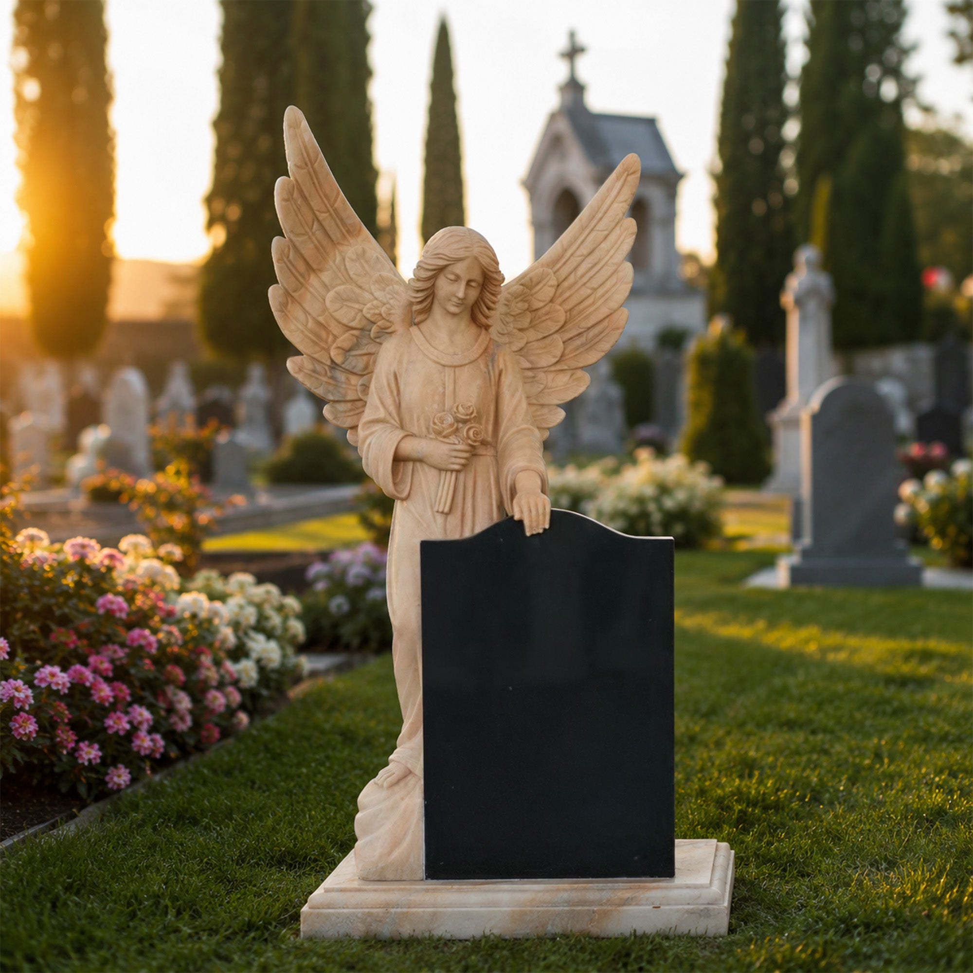 Natural yellow marble angel memorial sculpture with black granite headstone panel displayed in a landscaped cemetery garden, featuring carved wings, floral details, and a warm remembrance setting.