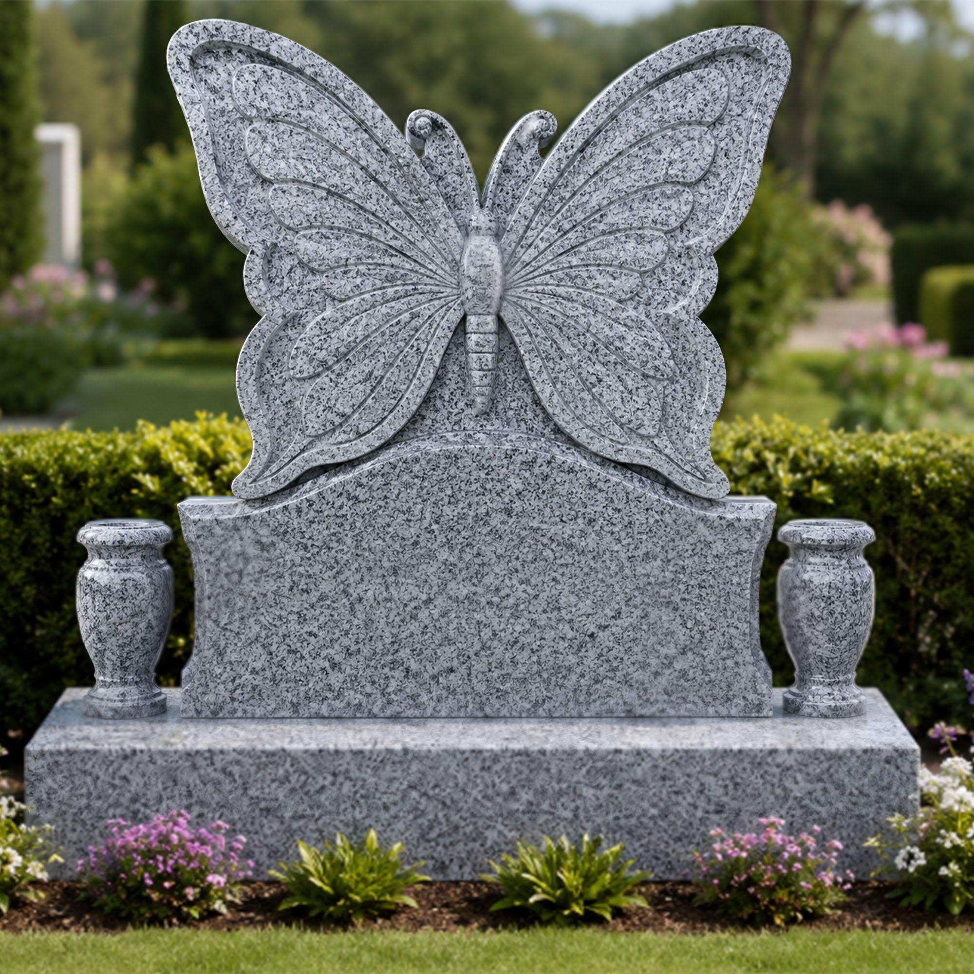 Natural gray granite butterfly memorial monument displayed in a landscaped cemetery garden, featuring intricately carved butterfly wings, matching granite flower vases, and a personalized headstone base.