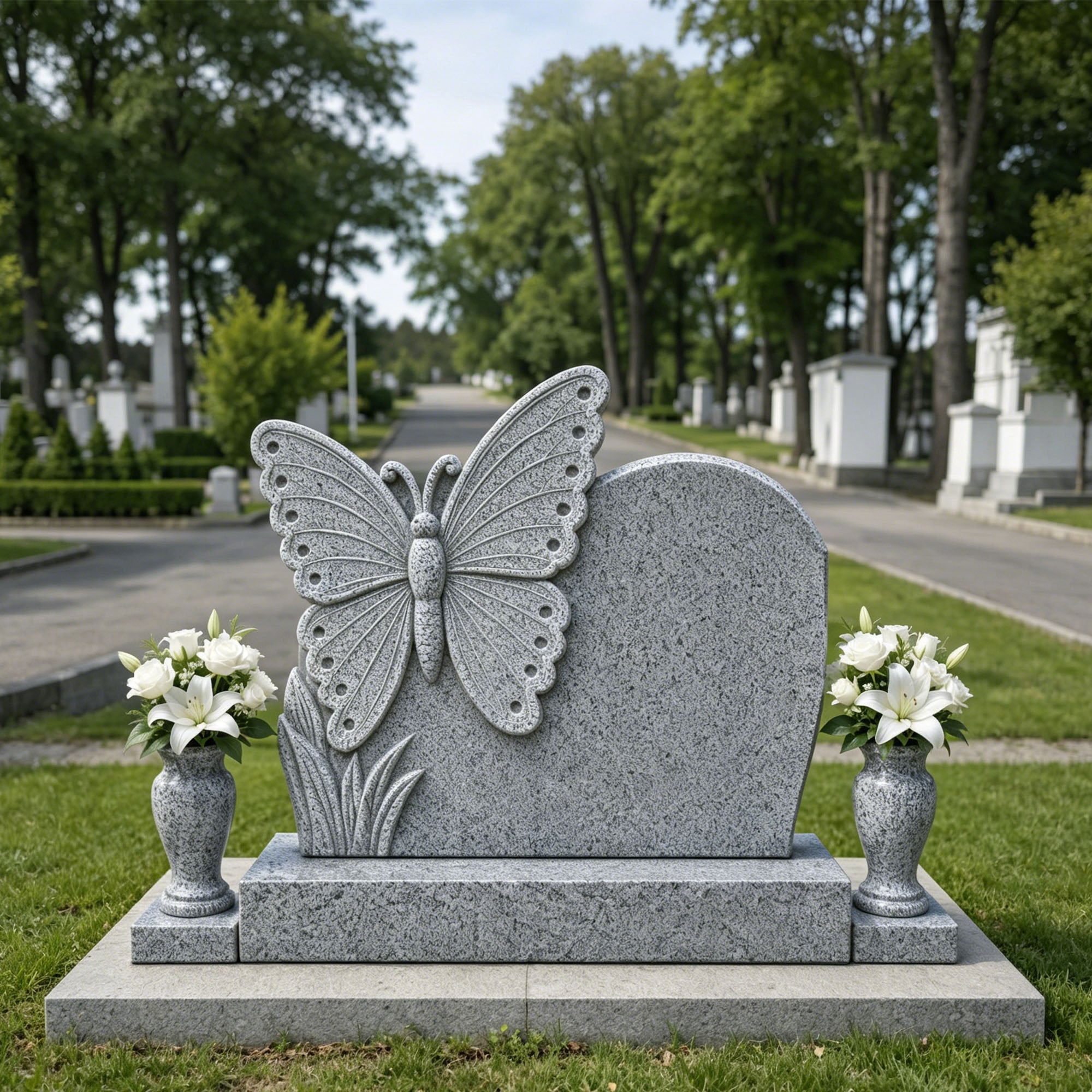 Natural gray granite butterfly memorial headstone displayed in a cemetery setting, featuring a side butterfly design, curved inscription panel, twin vases with flowers, and carved grass accents.