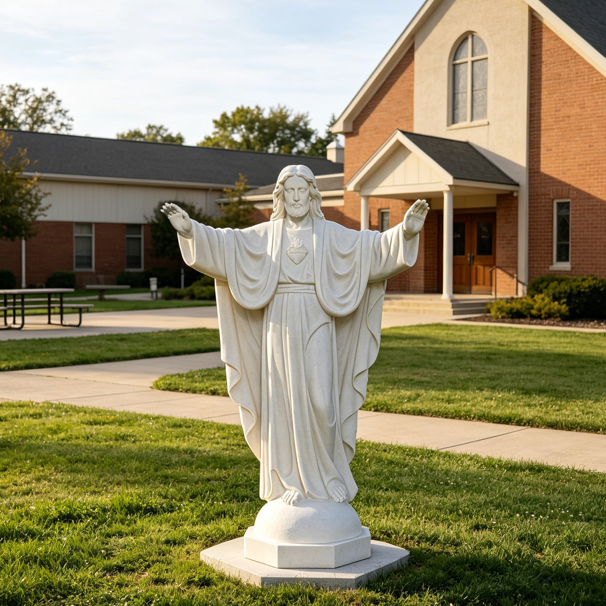 Natural white marble Sacred Heart of Jesus statue with open arms installed on a church lawn, featuring flowing robes and a blessing gesture