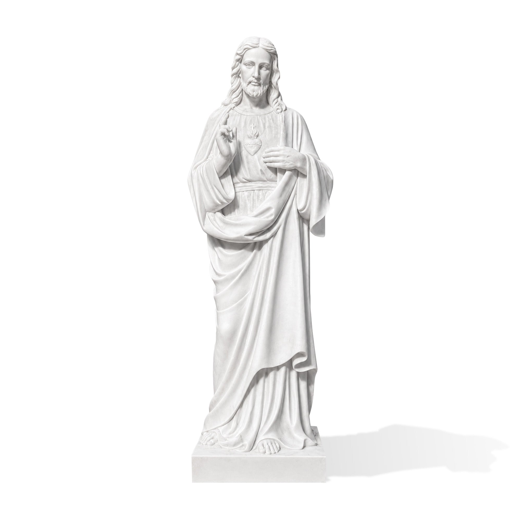Front view of a hand carved white marble Sacred Heart of Jesus statue with blessing gesture and detailed flowing robes.