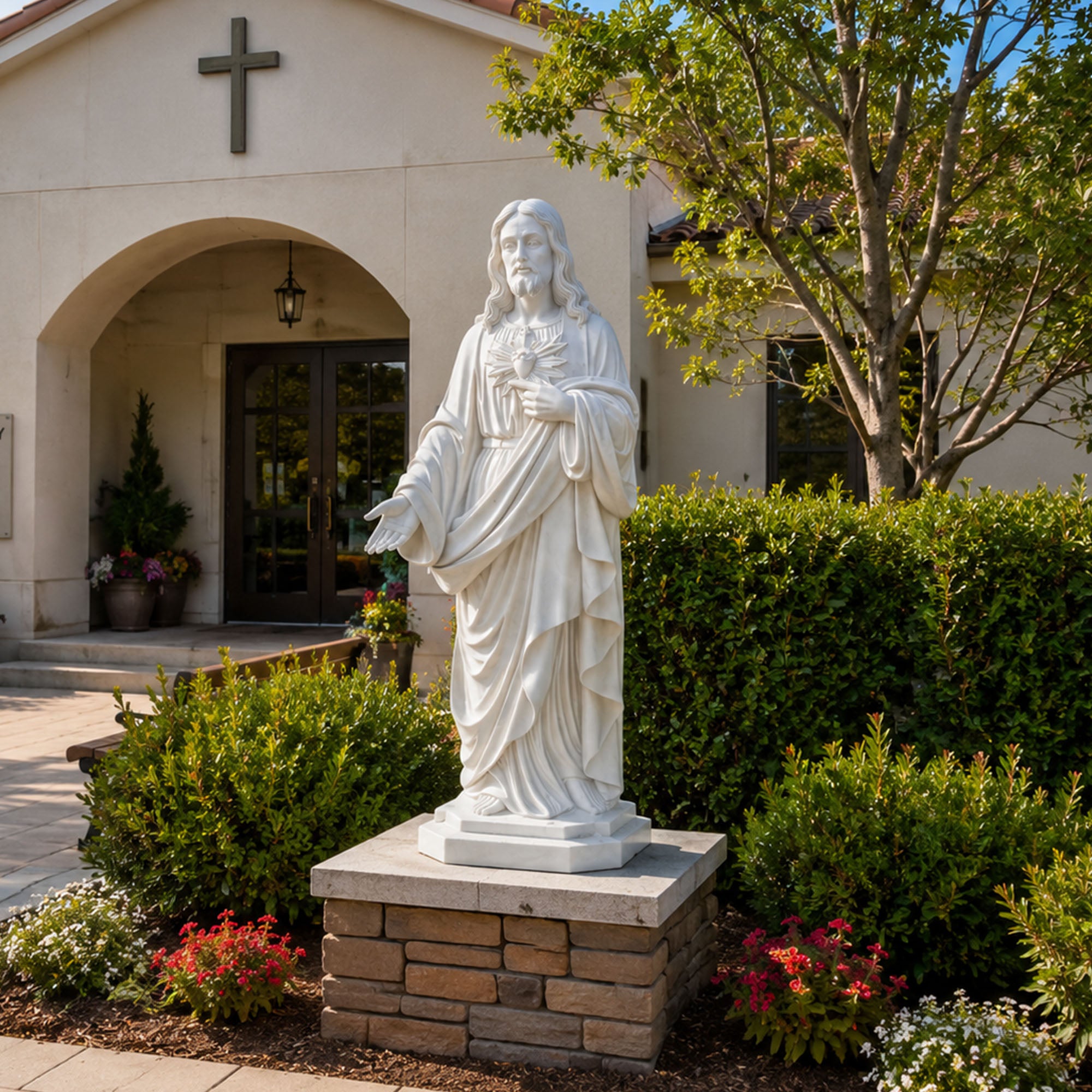 Life size hand carved marble Sacred Heart Jesus statue displayed in a church prayer garden, welcoming visitors with an open hand and a message of faith, peace, and hope.
