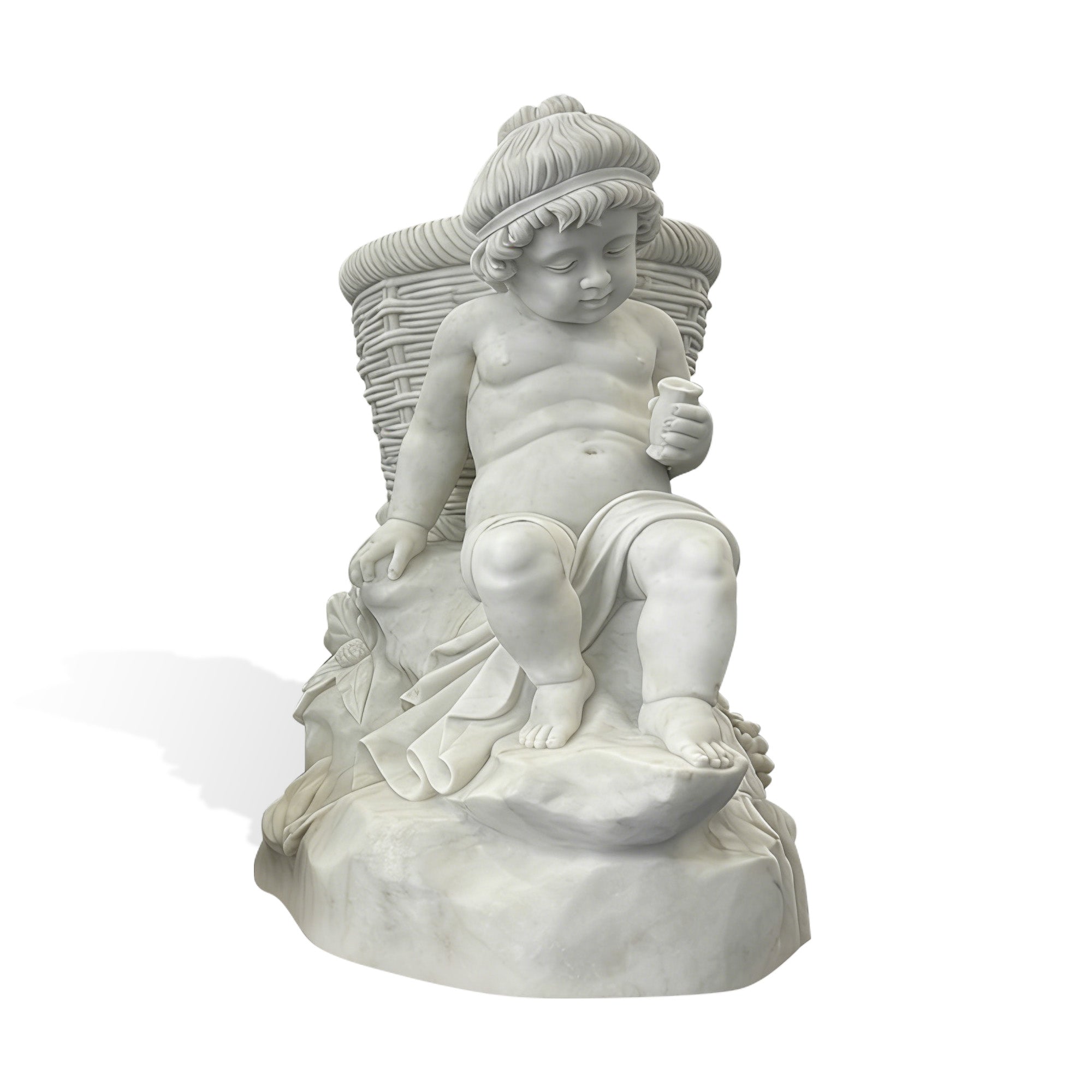 Angled view of a natural white marble putto farmhouse garden sculpture featuring a seated cherub with a straw hat, woven basket, and harvest-inspired details.