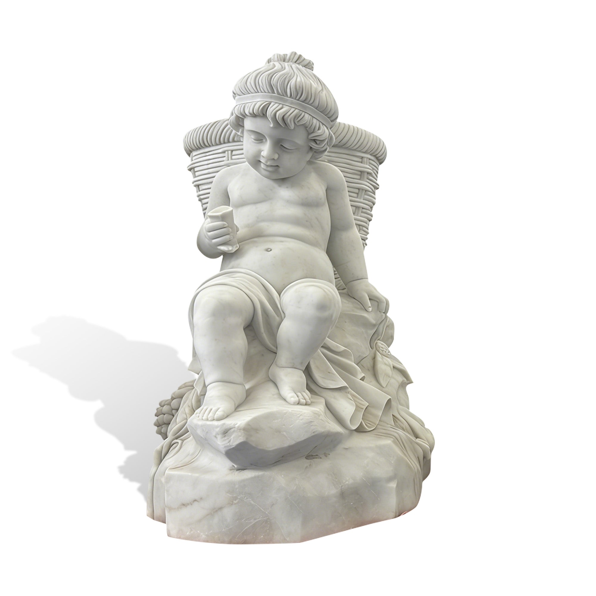 Front view of a hand-carved natural white marble farm cherub statue seated beside a woven basket, holding a small cup and surrounded by grape details.