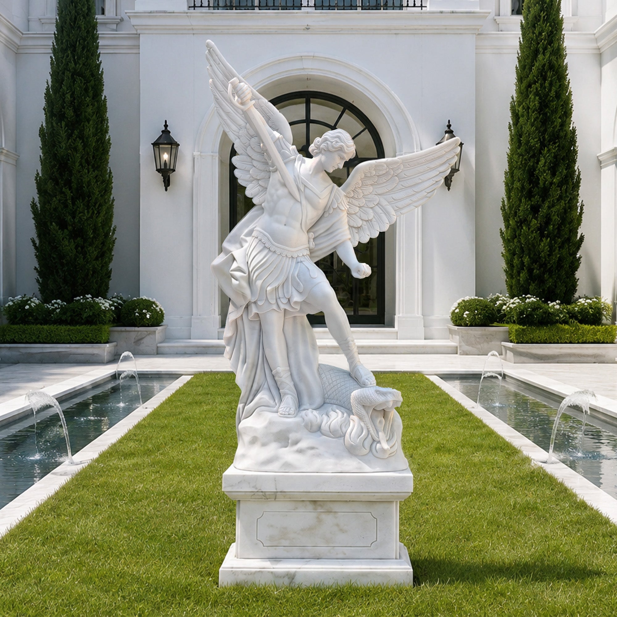 White marble Saint Michael Archangel statue defeating the serpent, installed as a religious garden centerpiece in a villa courtyard with fountains