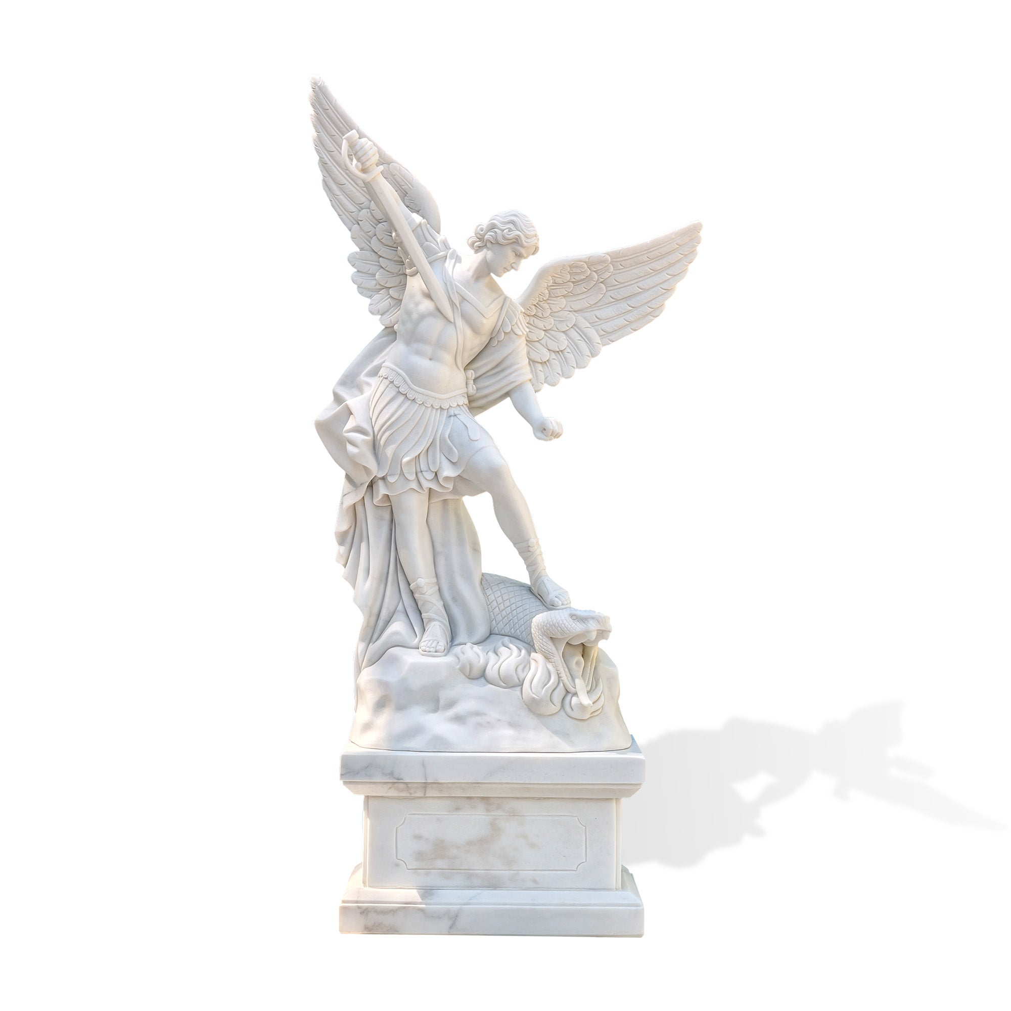Front view of white marble Saint Michael Archangel statue standing over the defeated serpent with detailed wings, armor, sword, and pedestal base