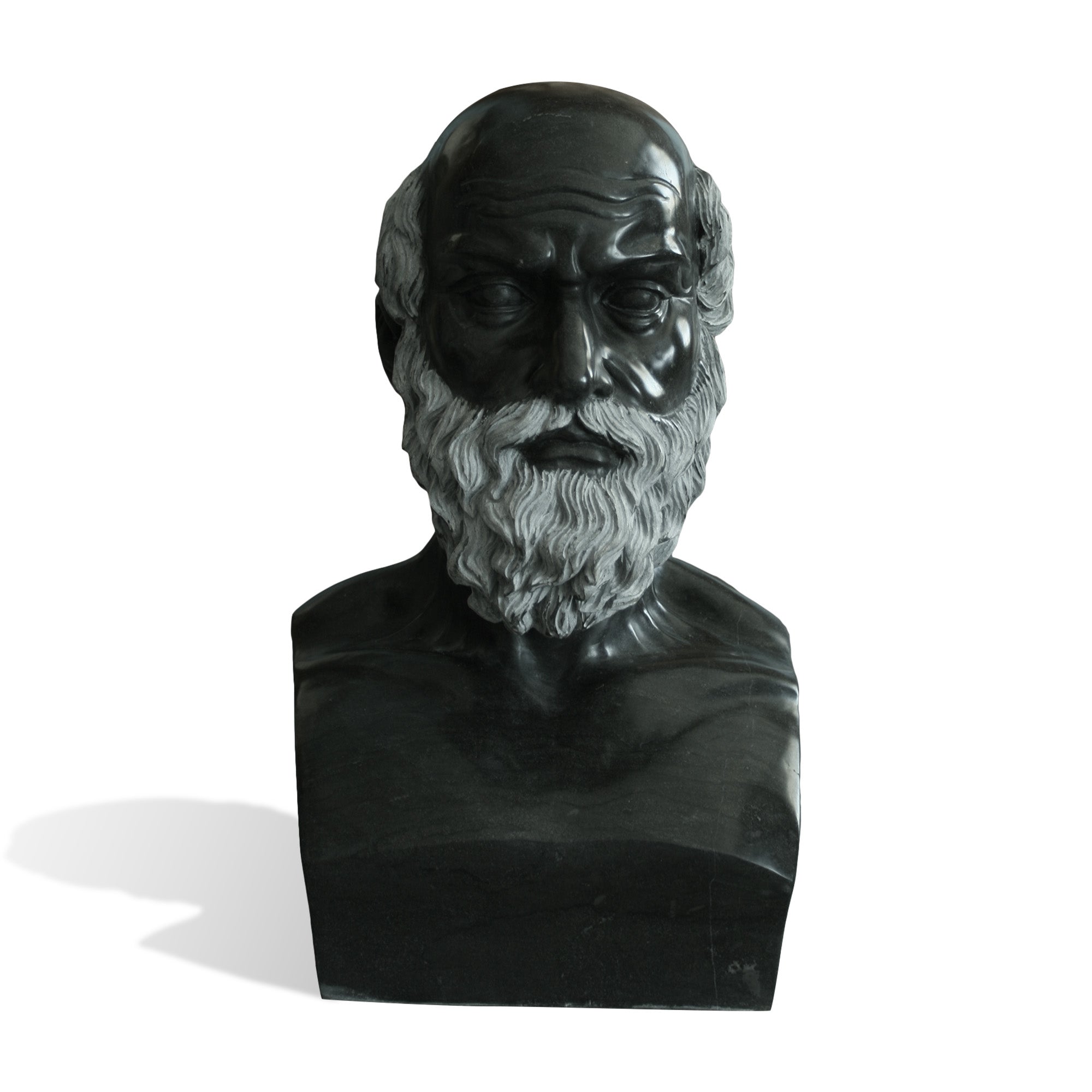 Ancient philosopher black stone bust sculpture with bald head, deep-set eyes, carved white beard, classical scholar portrait, and polished dark stone finish on white background