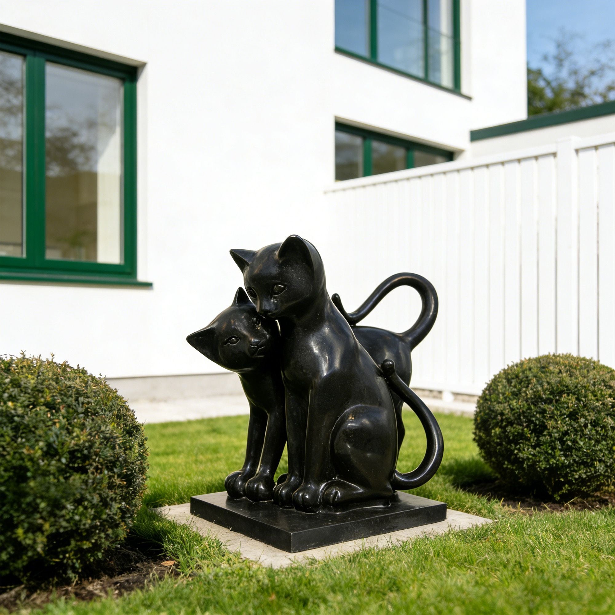 Black stone two cat sculpture displayed in a residential garden, featuring two cats cuddling together as a charming pet lover home and outdoor decor piece