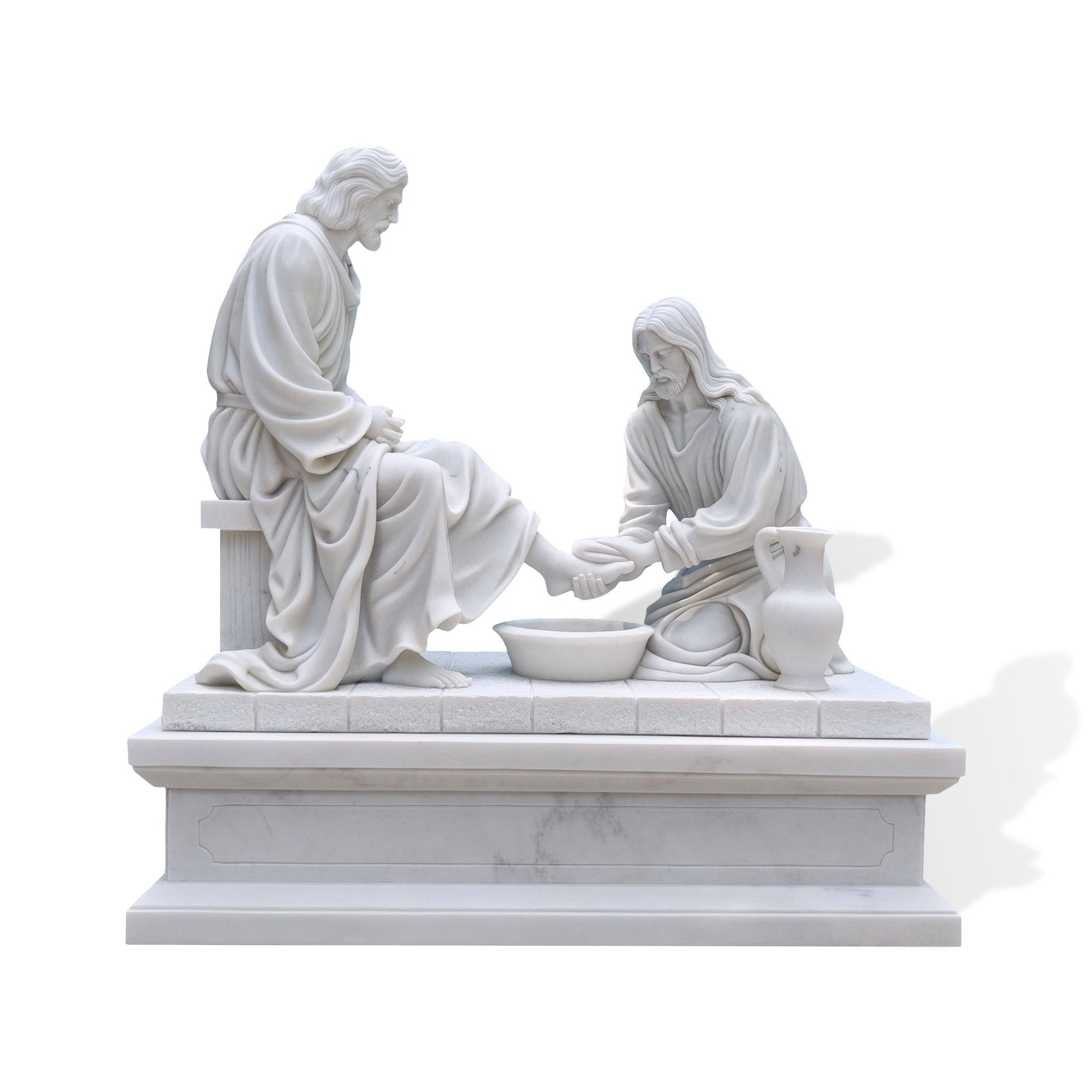 Christ washing the disciple’s feet marble statue with detailed robe carving, water basin, pitcher, pedestal base, and sacred Christian scene on white background