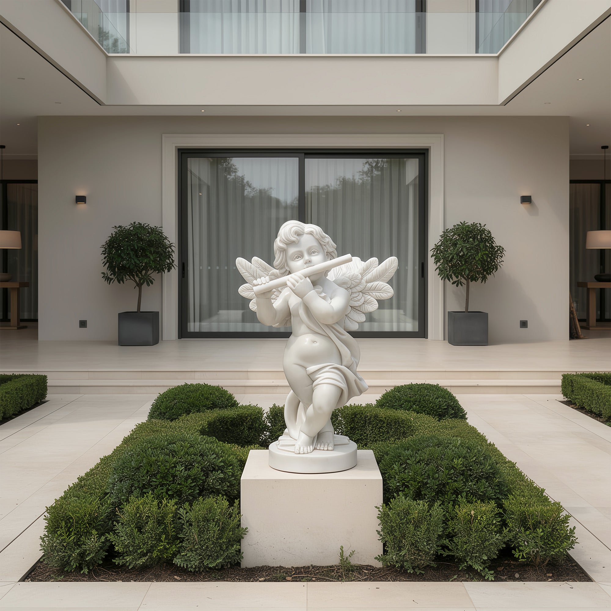 ite marble angel flute sculpture installed in a villa garden courtyard, featuring winged cherub playing flute, detailed feather wings, round base, and elegant outdoor landscape decor