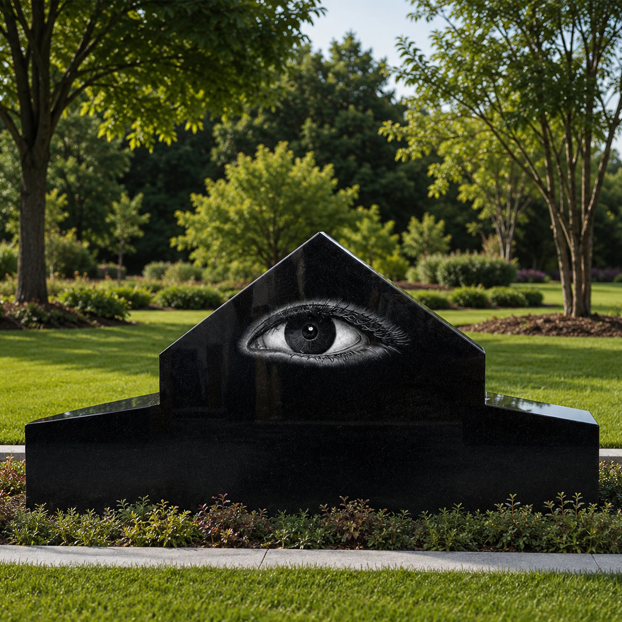 Black granite memorial headstone installed in a landscaped garden, featuring polished black stone, peaked center shape, wide base, and engraved eye design