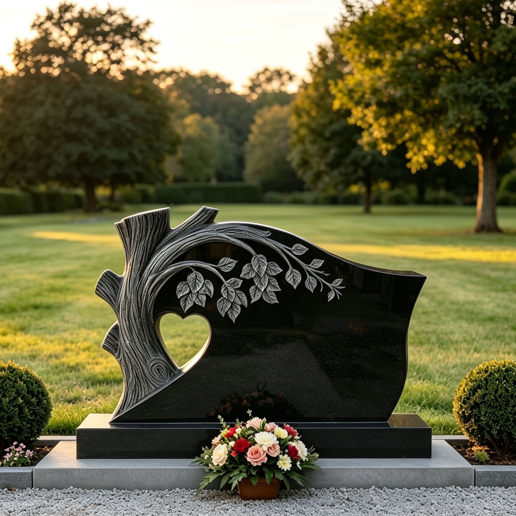 Black granite tree memorial headstone installed in a landscaped garden, featuring carved bark texture, engraved leaves, heart-shaped cutout, polished base, lawn setting, and flower arrangement