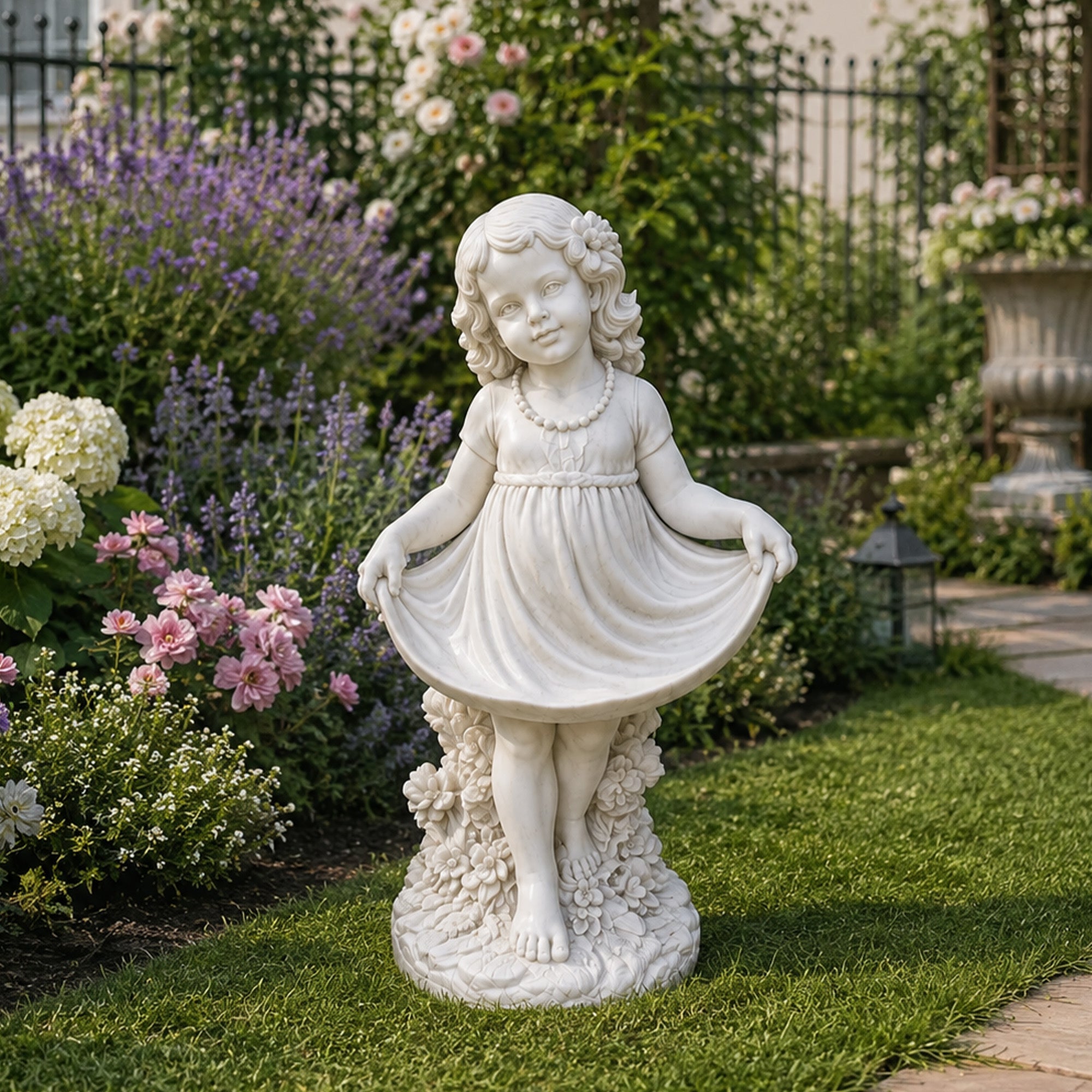 White marble flower girl statue installed in a garden, featuring child figure holding dress, flower hair ornament, carved floral base, lawn, flowers, and outdoor garden setting