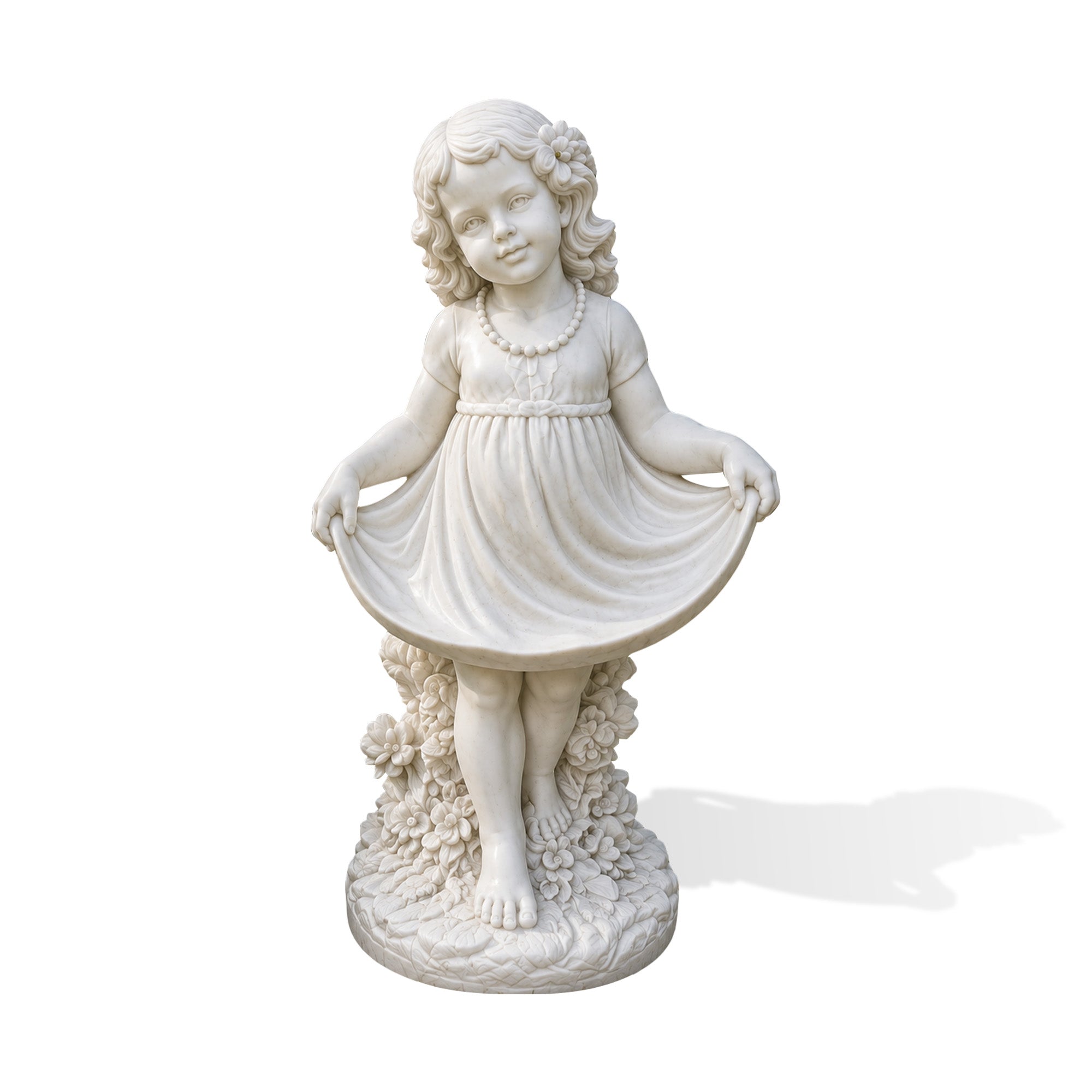 White marble flower girl statue with child figure holding dress, carved curly hair, flower hair ornament, beaded necklace, detailed floral base, and white background