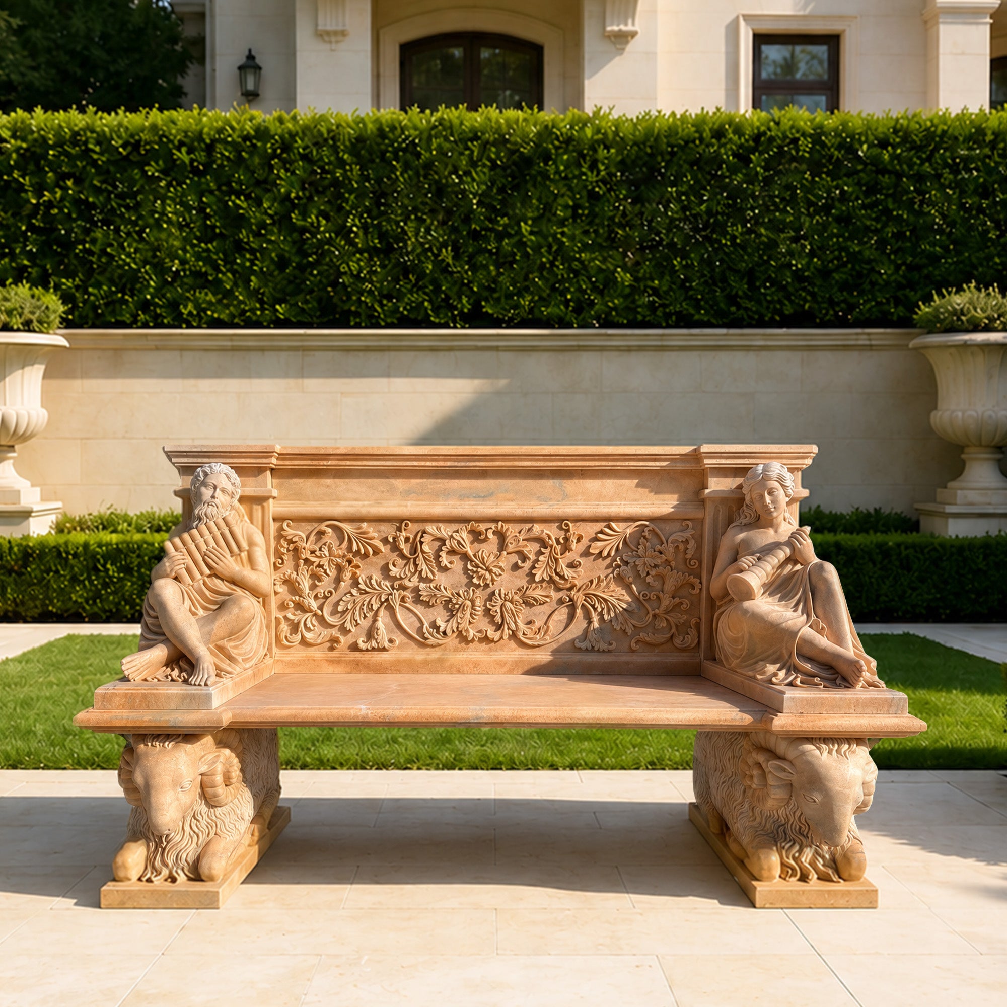Italian Neoclassical marble garden bench replica installed in a villa courtyard, featuring seated musician figures, carved acanthus relief backrest, ram-head supports, warm marble tone, and outdoor garden setting