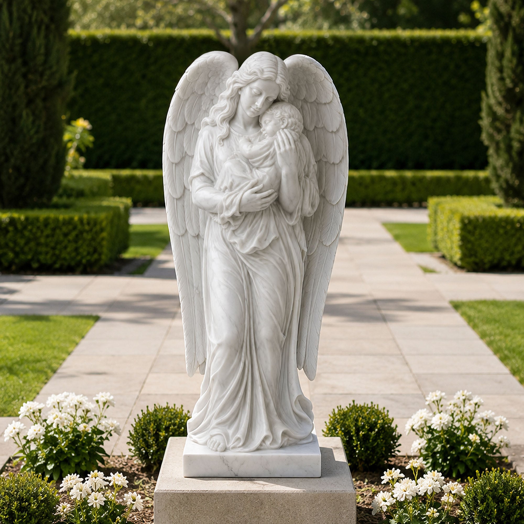 White marble guardian angel holding a child statue displayed in a peaceful memorial garden