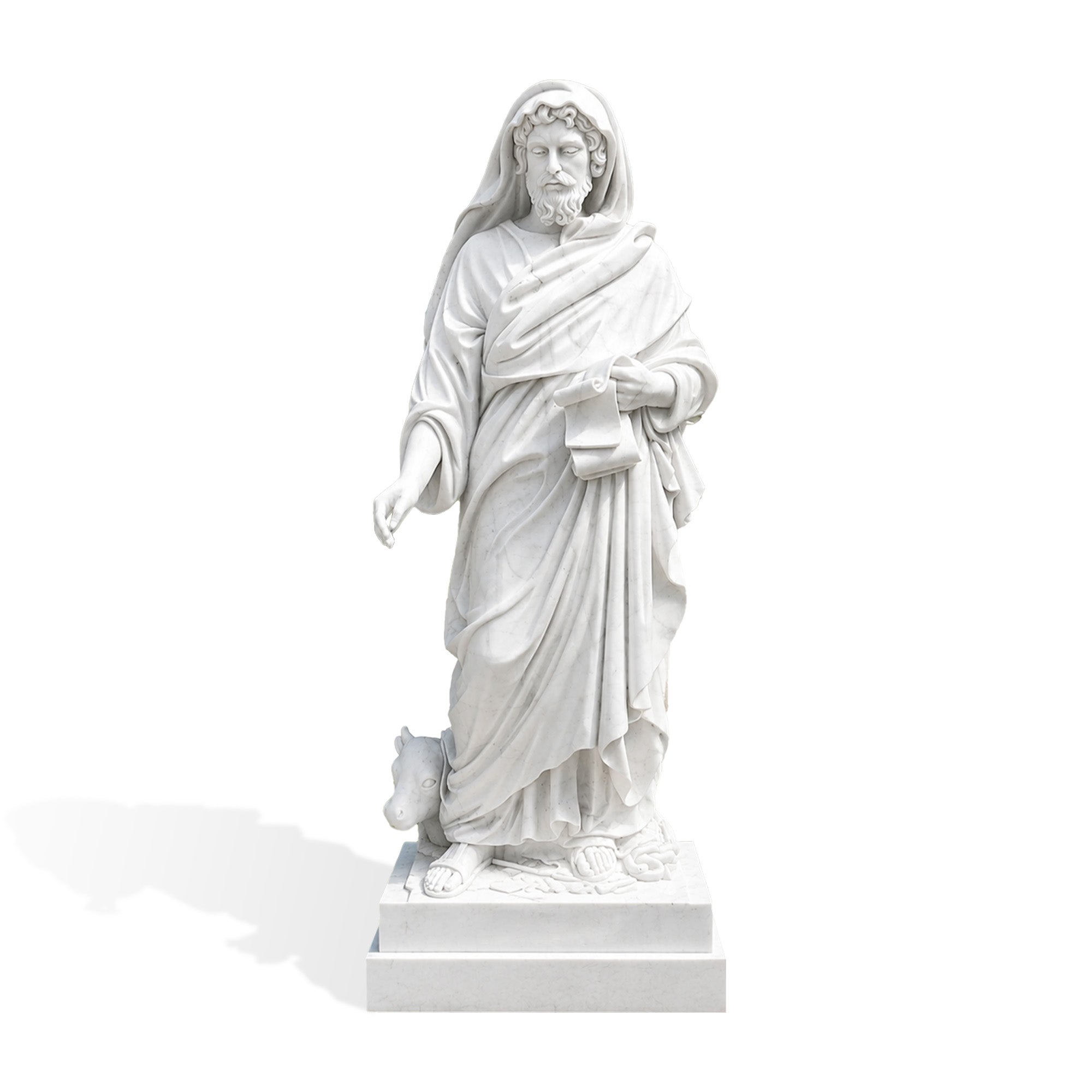 White marble Saint Luke the Evangelist statue with scroll and ox religious sculpture