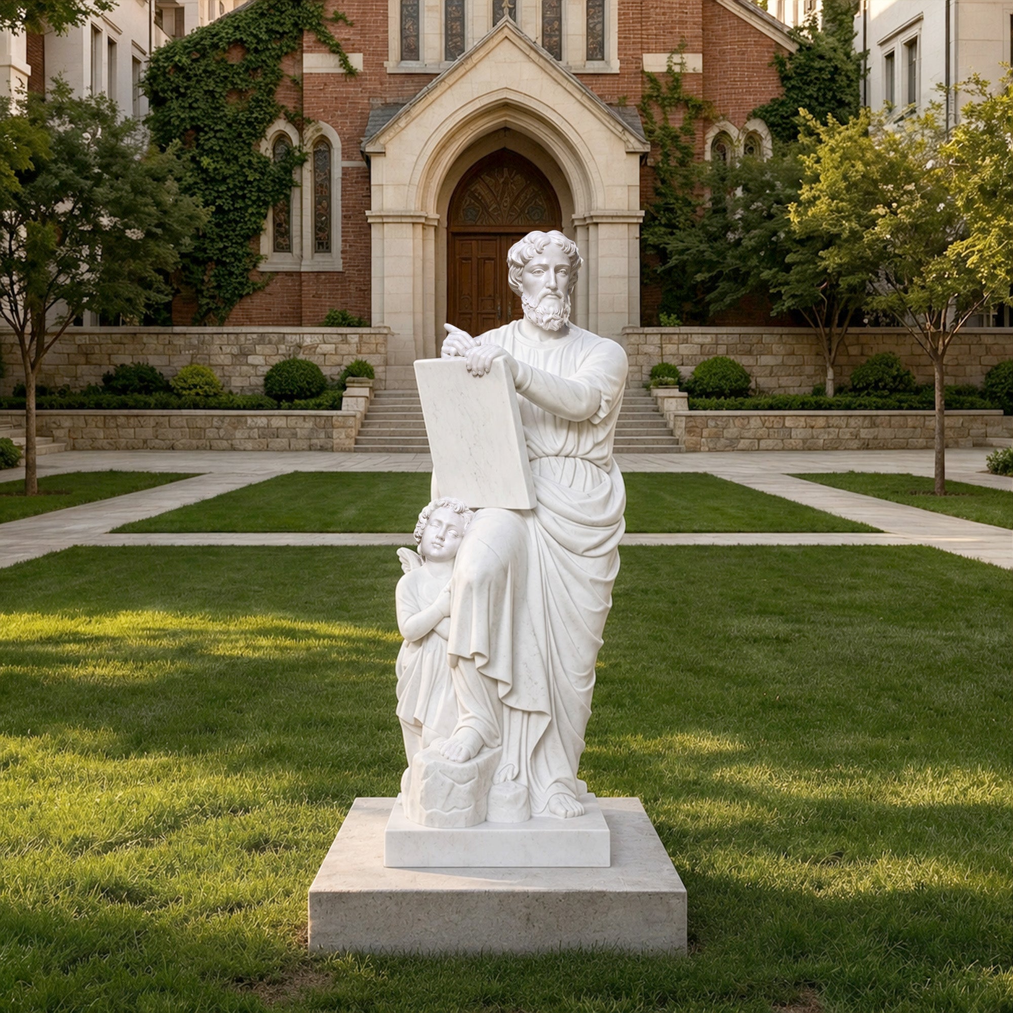 Saint Matthew the Evangelist marble statue with angel displayed in a church garden