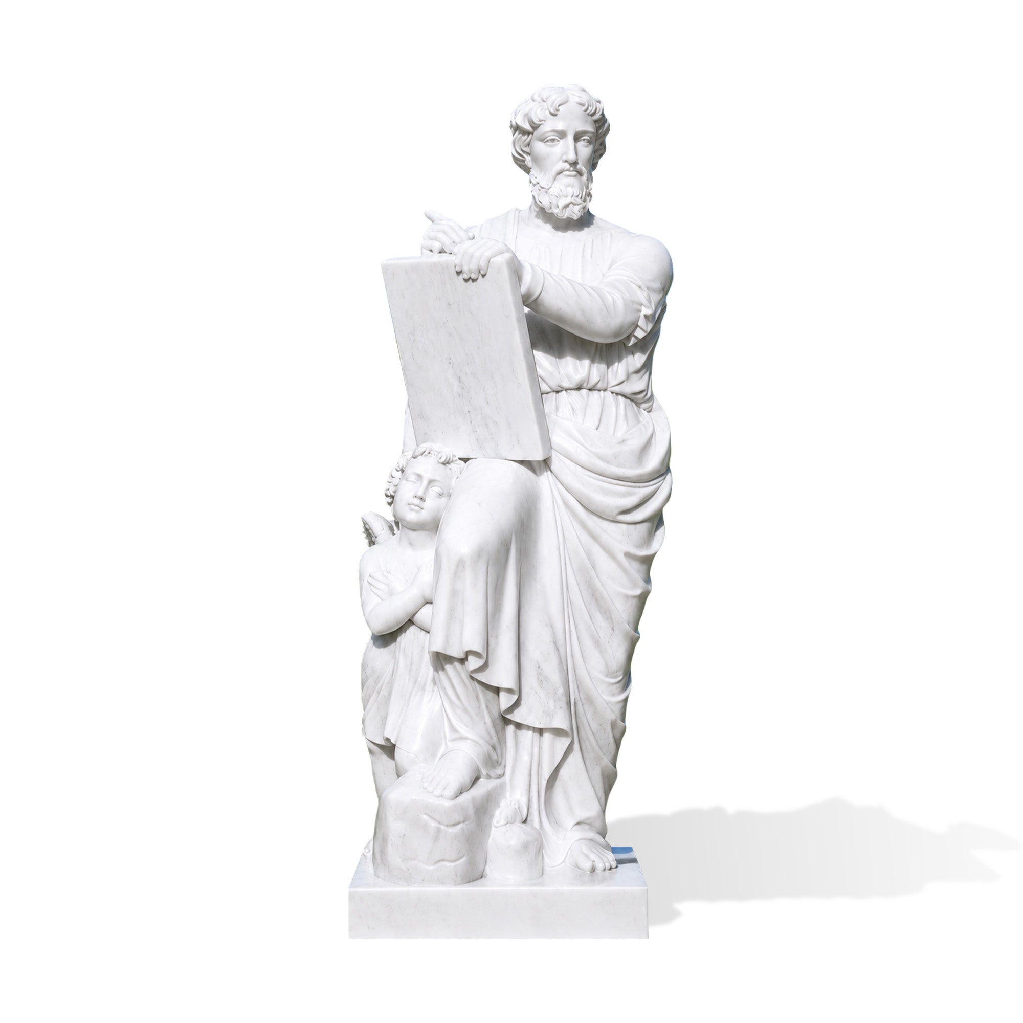 White marble Saint Matthew statue with angel and scripture tablet Christian religious sculpture