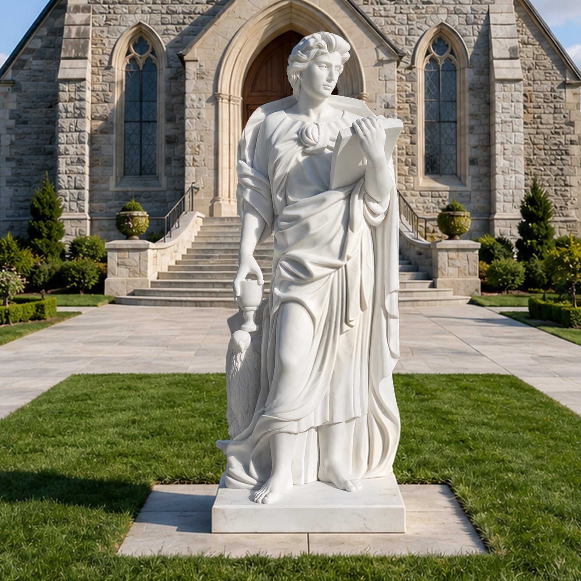 Saint John the Evangelist marble statue with eagle and chalice displayed outside a church
