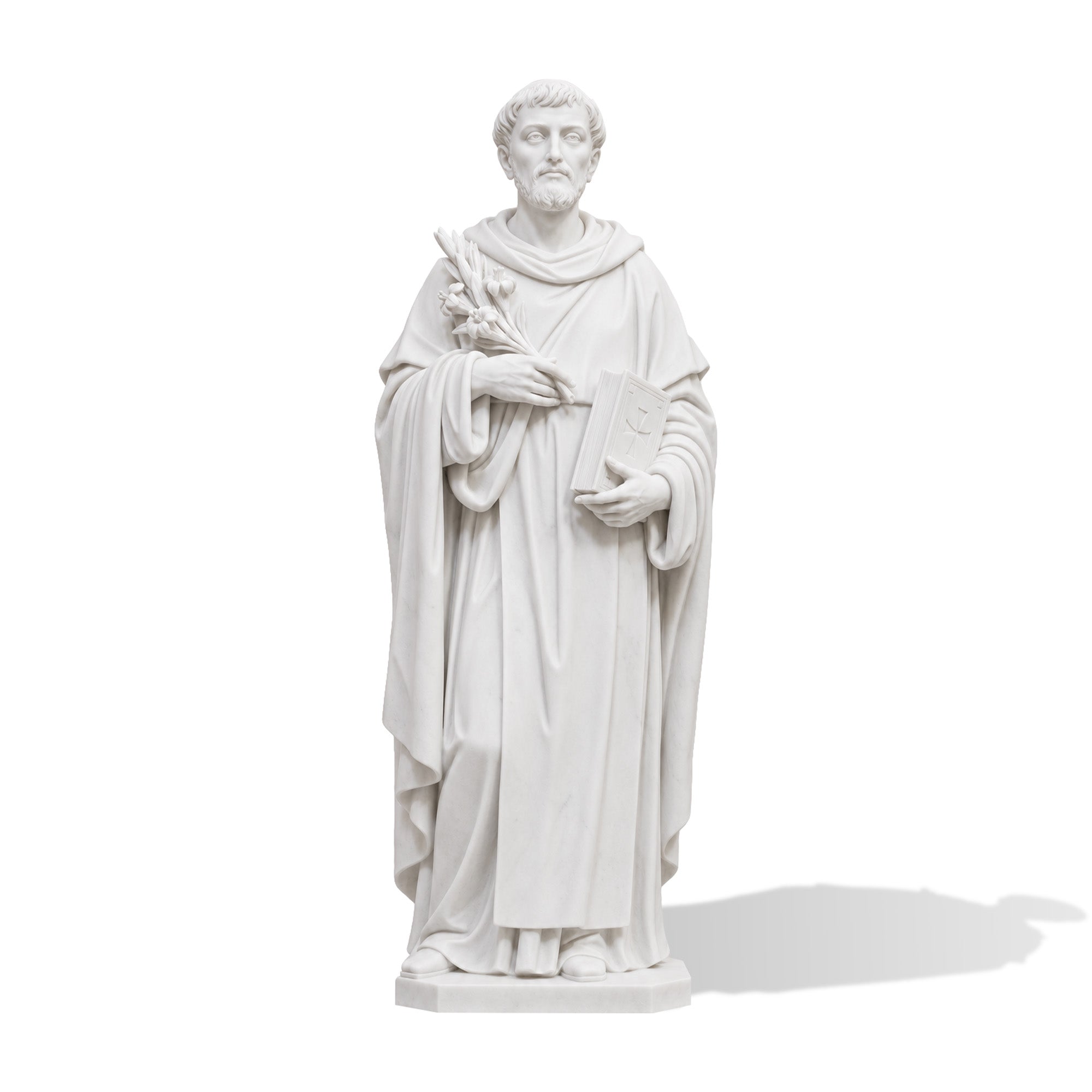 White marble Saint Anthony of Padua statue in Franciscan robe holding a religious book Catholic sculpture.
