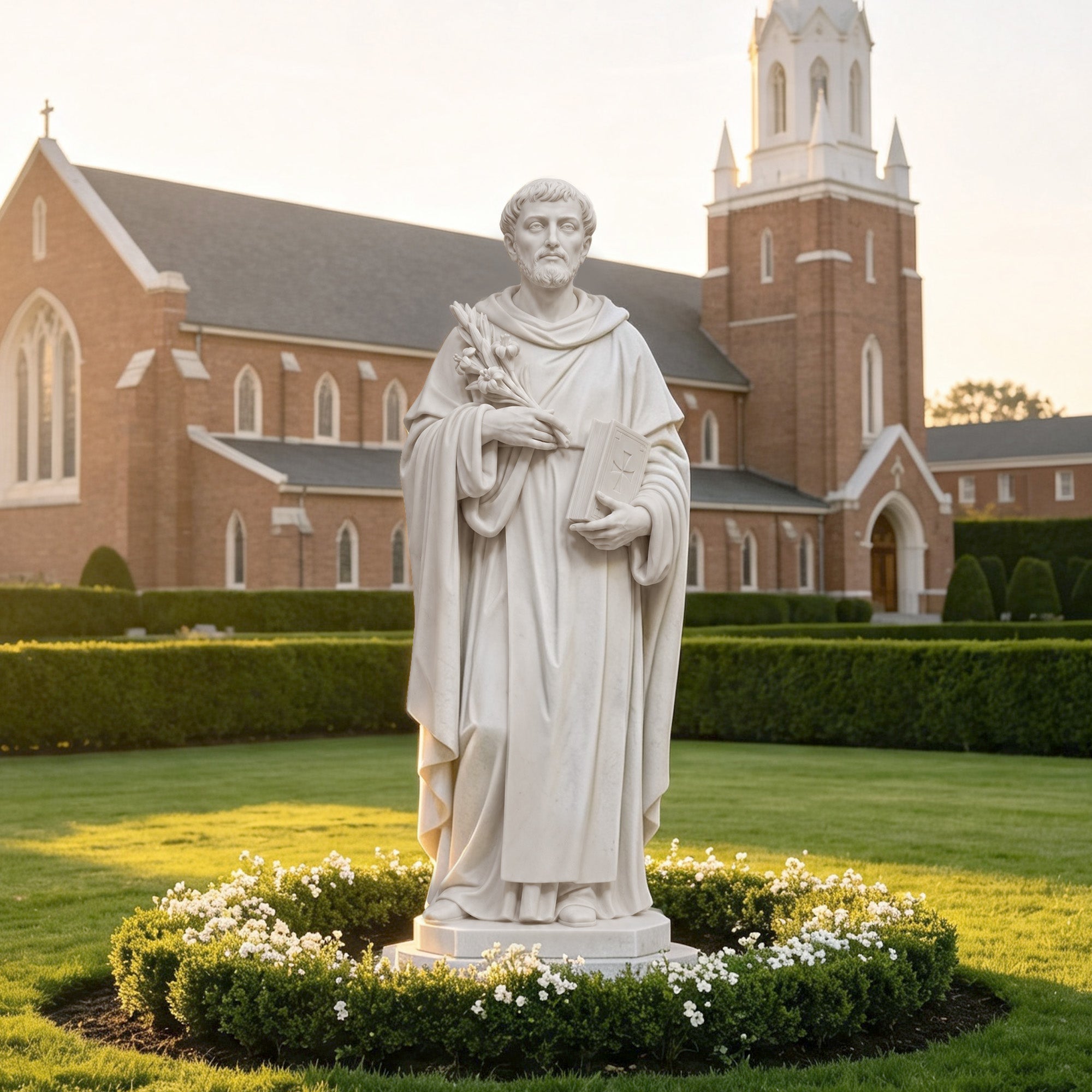 Saint Anthony of Padua marble statue displayed in a church garden with traditional Catholic design.