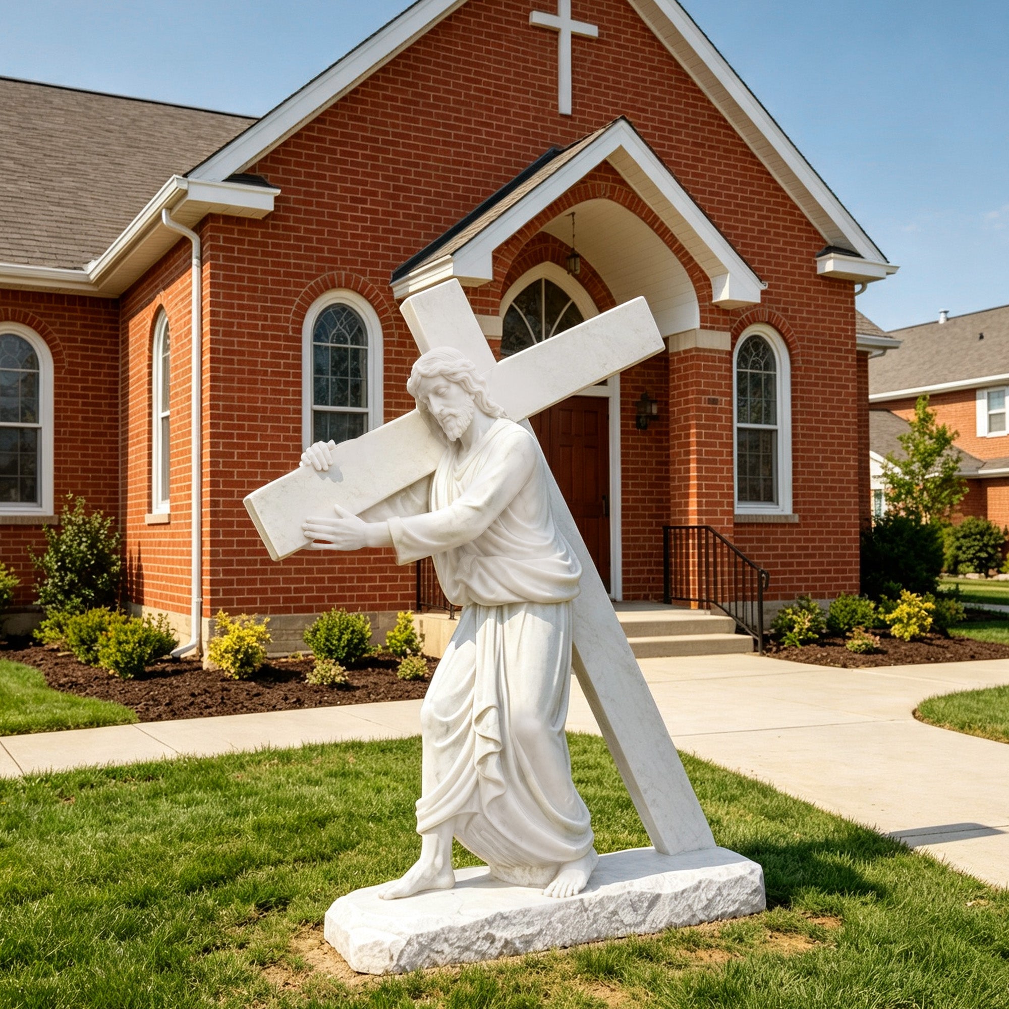 Jesus carrying the cross marble statue displayed outside a Christian church