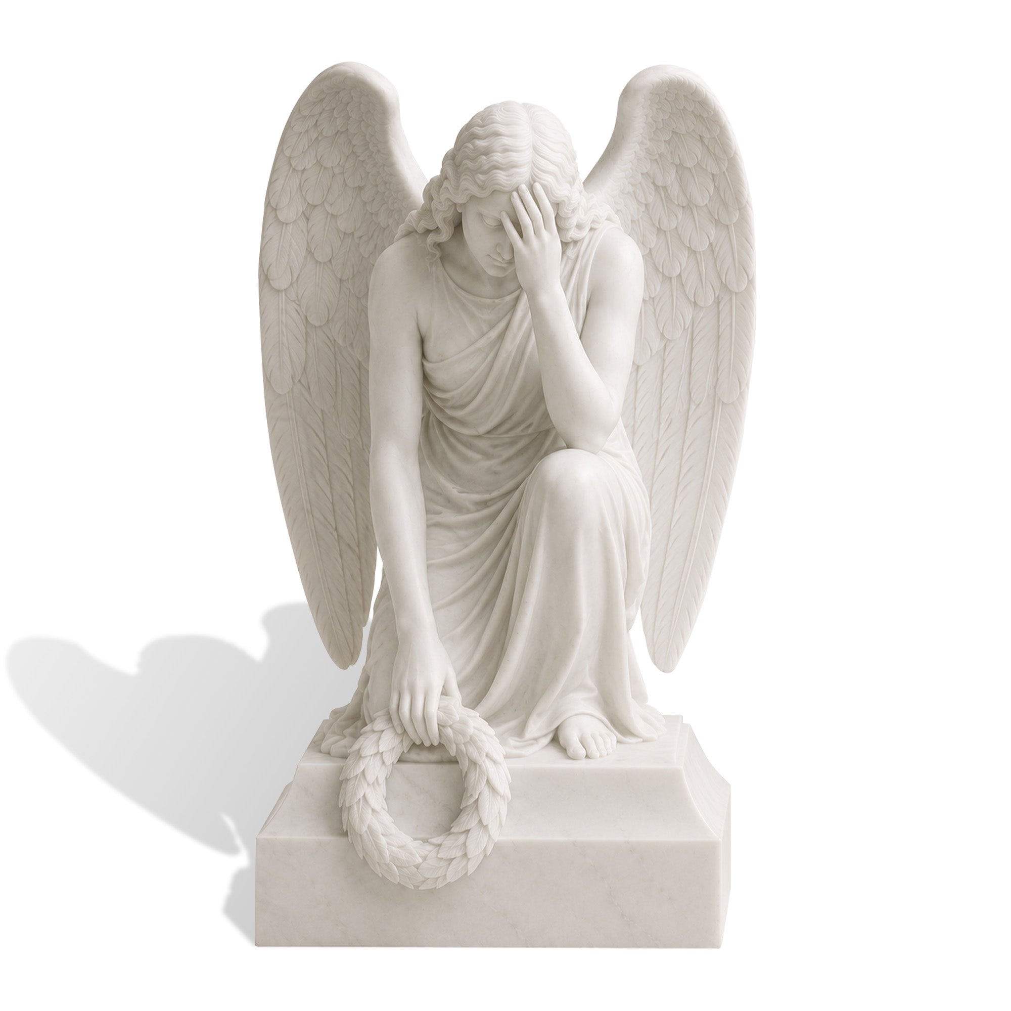Kneeling white marble angel memorial sculpture with bowed head, large wings, and laurel wreath
