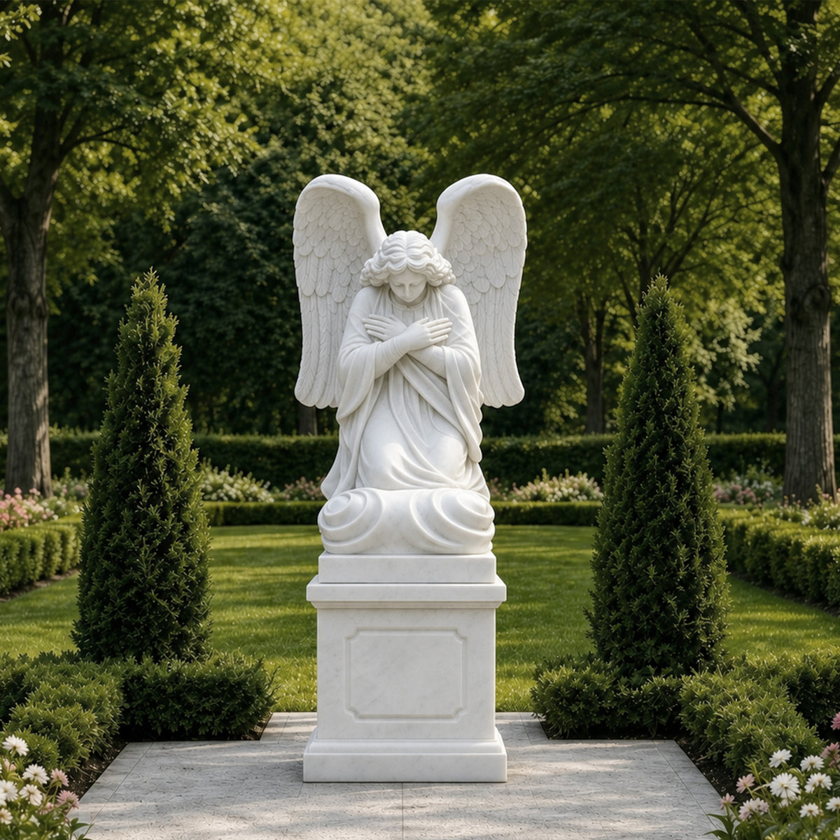 White marble kneeling angel memorial statue with folded hands and wings in a landscaped cemetery