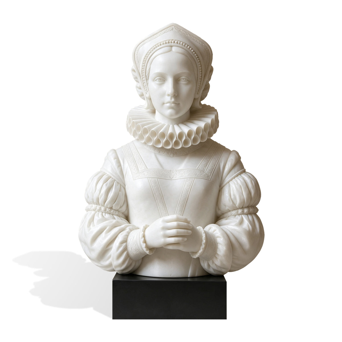 Front view of a white marble Renaissance lady bust sculpture on a black pedestal, featuring a period headdress, elaborate pleated ruff collar, puffed sleeves, folded hands, and finely carved costume details.