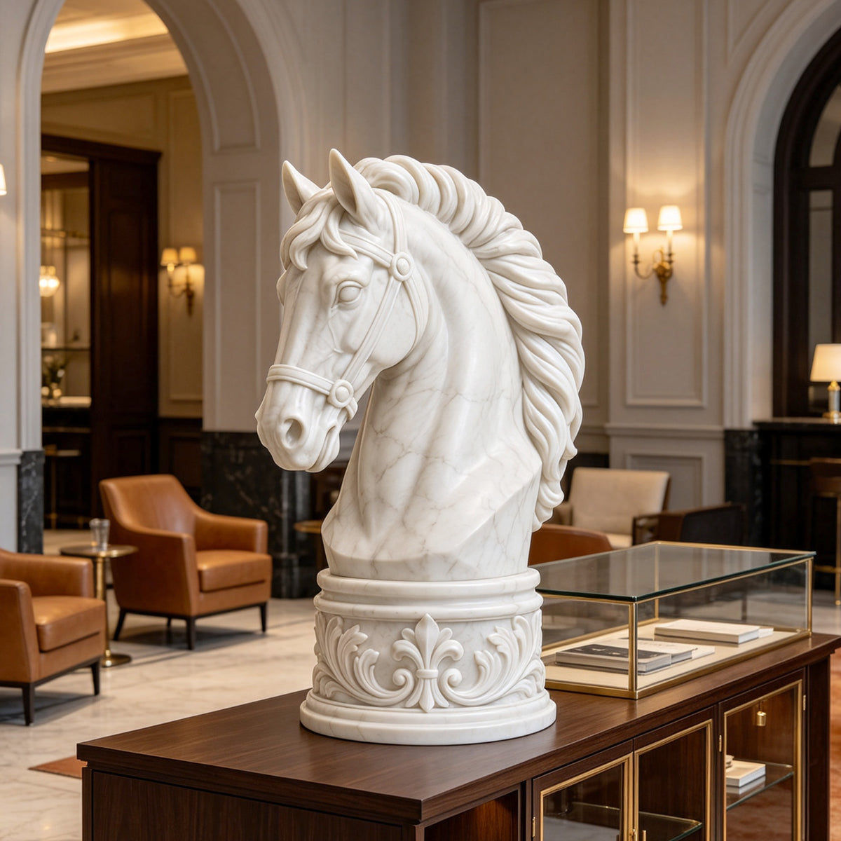 White marble horse head sculpture displayed in a luxury interior, featuring a finely carved bridle, flowing layered mane, subtle natural veining, and an ornate round pedestal with fleur-de-lis and acanthus details.