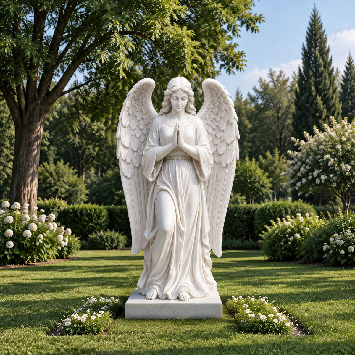 White marble praying angel statue displayed in a landscaped garden, featuring gracefully folded hands, serene facial features, long flowing robes, and large feathered wings with finely carved layered details.