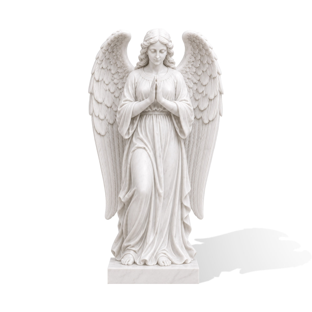 Front view of a white marble praying angel sculpture with hands joined in prayer, delicately carved feathered wings, wavy hair, peaceful facial expression, flowing classical robes, and a rectangular marble pedestal.