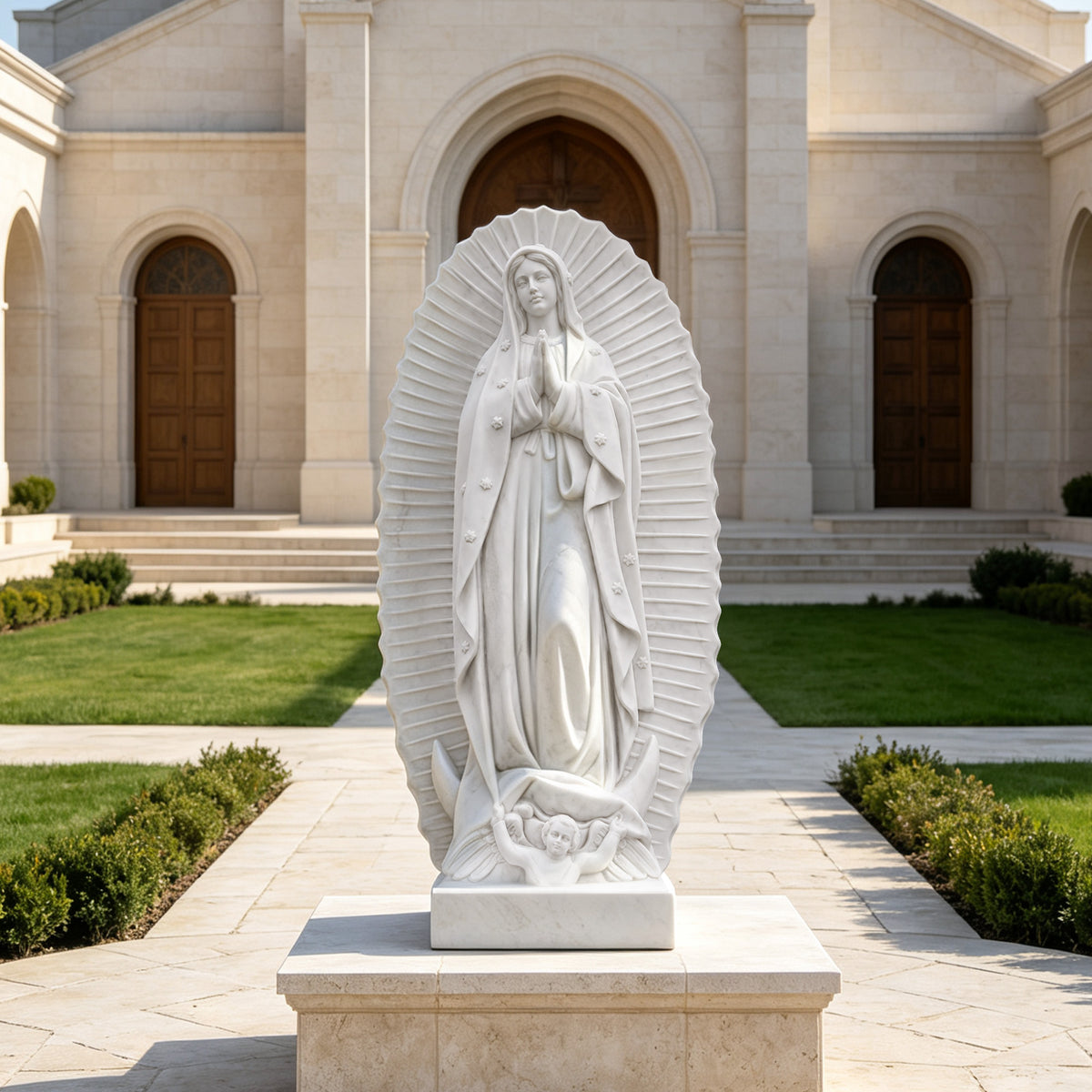 White marble Our Lady of Guadalupe statue displayed on a stone pedestal outside a church, depicting the praying Virgin Mary surrounded by radiant rays, standing above a crescent moon and winged angel.