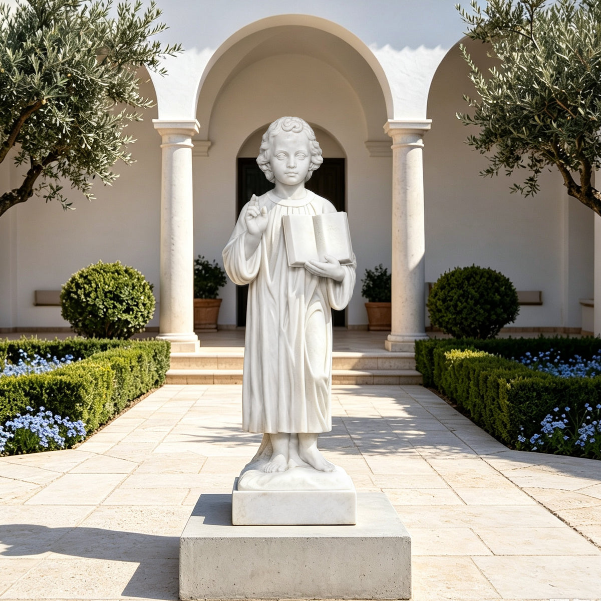 White marble Child Jesus statue displayed in a landscaped church courtyard, depicting the young Christ in a long flowing robe, holding an open book in one hand and raising the other in a traditional gesture of blessing.