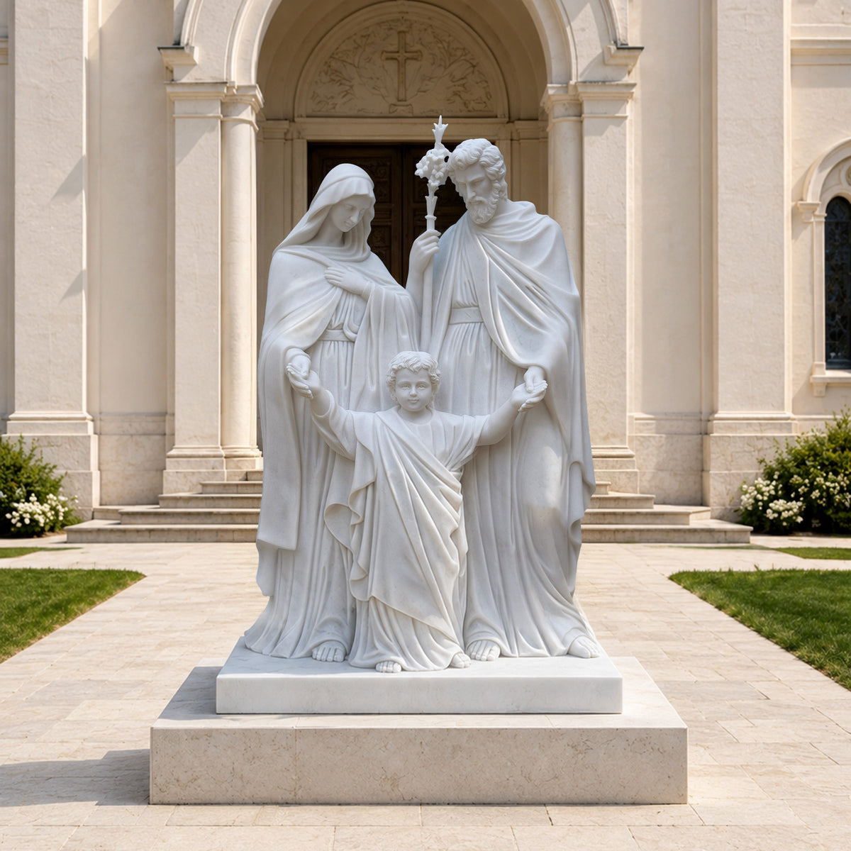 White marble Holy Family statue displayed outside a church, featuring the Virgin Mary, Saint Joseph with a flowering staff, and the child Jesus standing between them with raised arms.