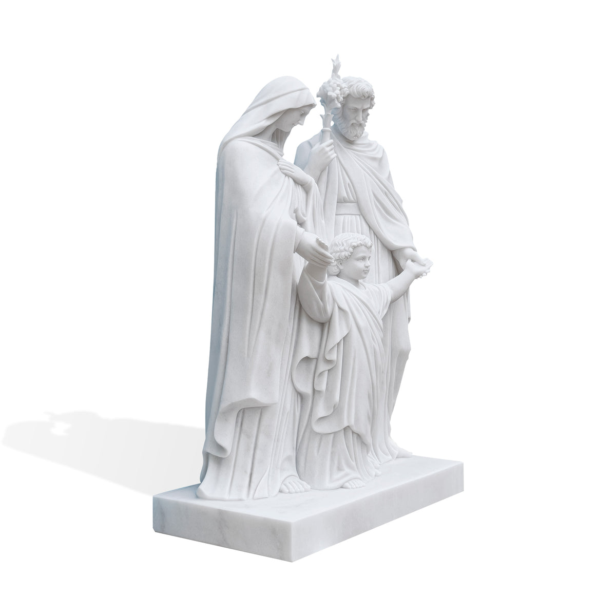 White marble Holy Family sculpture shown from the left side, depicting the Virgin Mary and Saint Joseph holding the hands of the child Jesus, with detailed robes, facial features, and a floral staff.